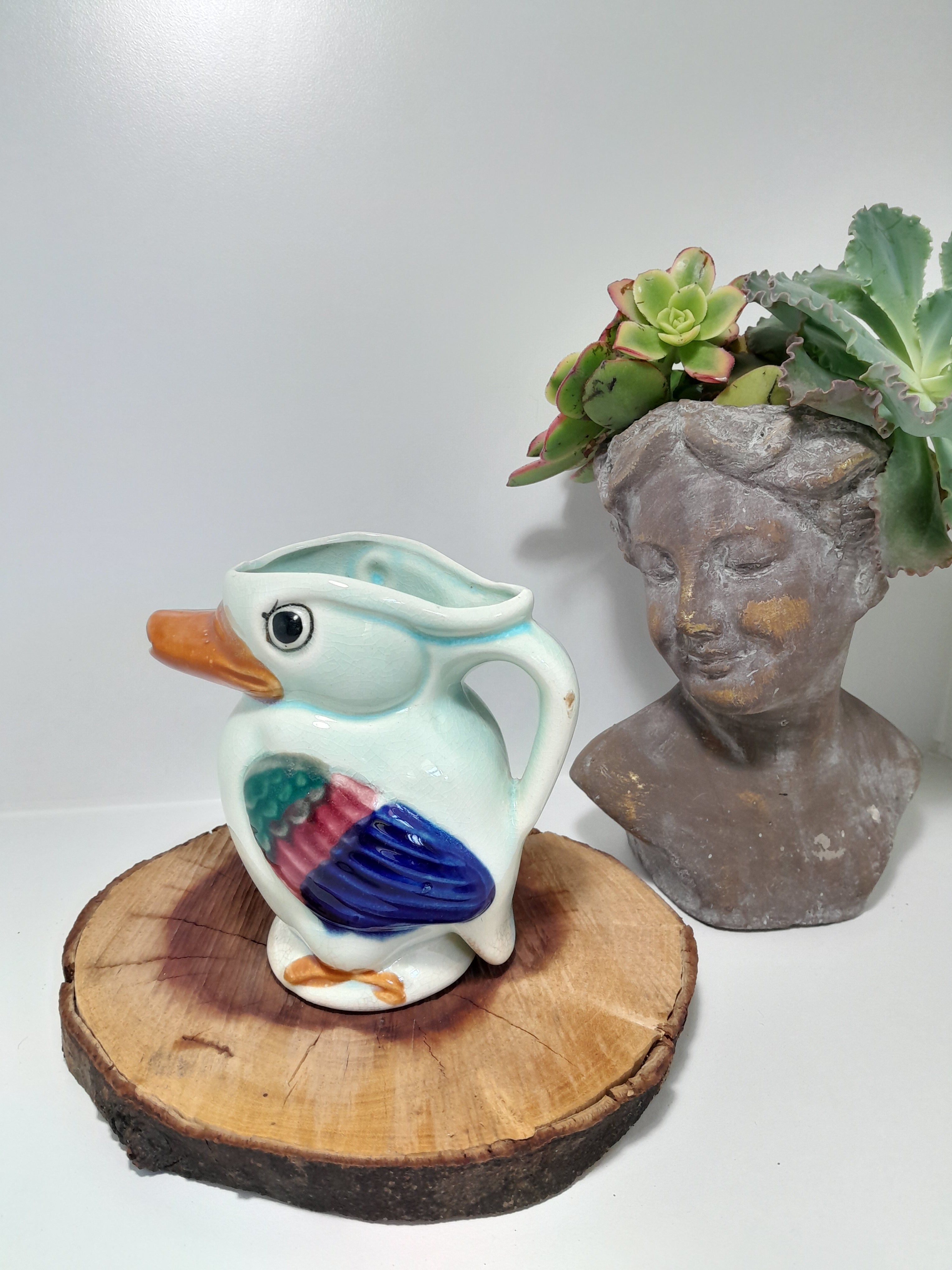 Vintage Hand-Painted Ceramic Pitcher Shaped Like a Bird
