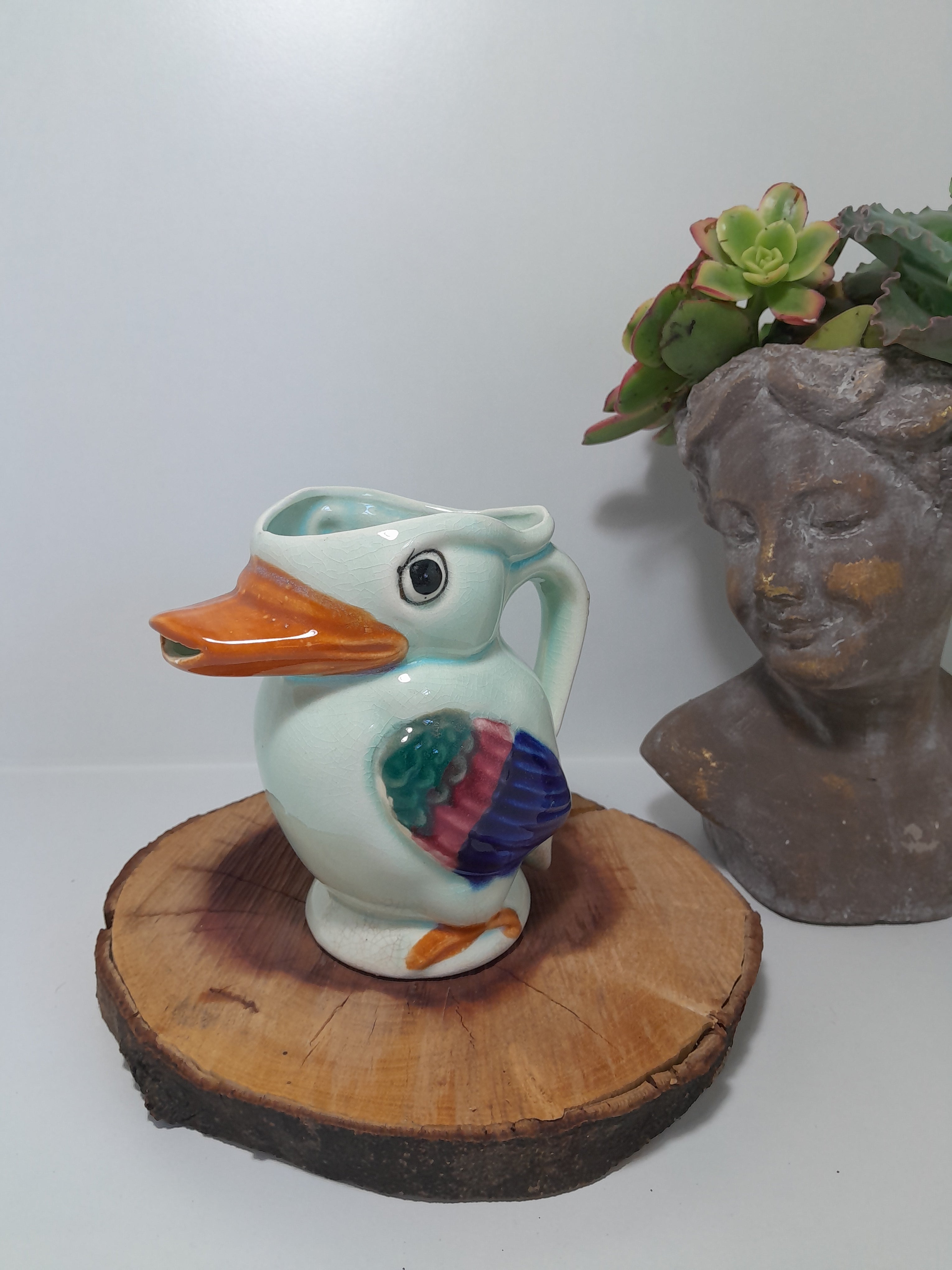 Vintage Hand-Painted Ceramic Pitcher Shaped Like a Bird