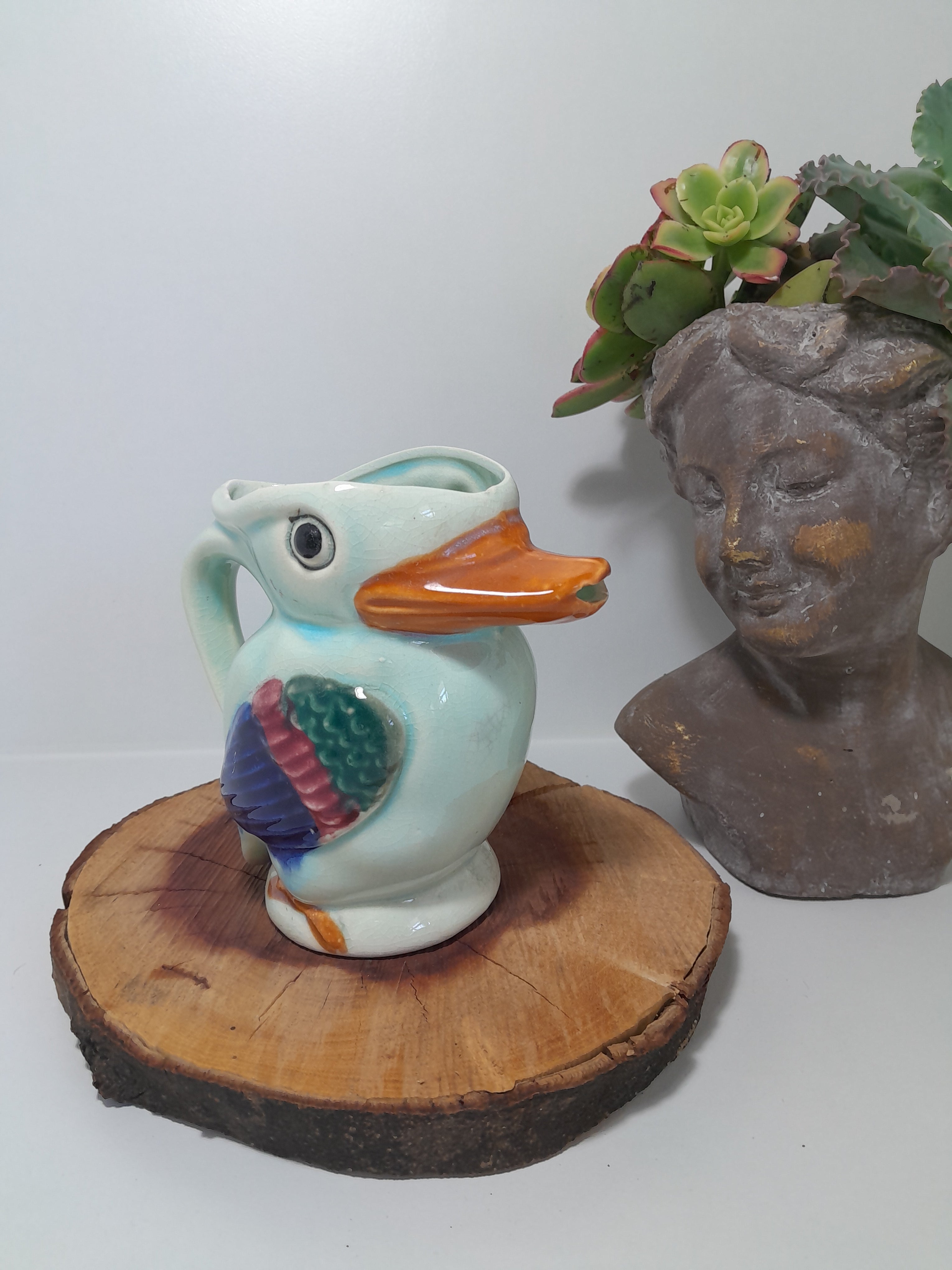 Vintage Hand-Painted Ceramic Pitcher Shaped Like a Bird