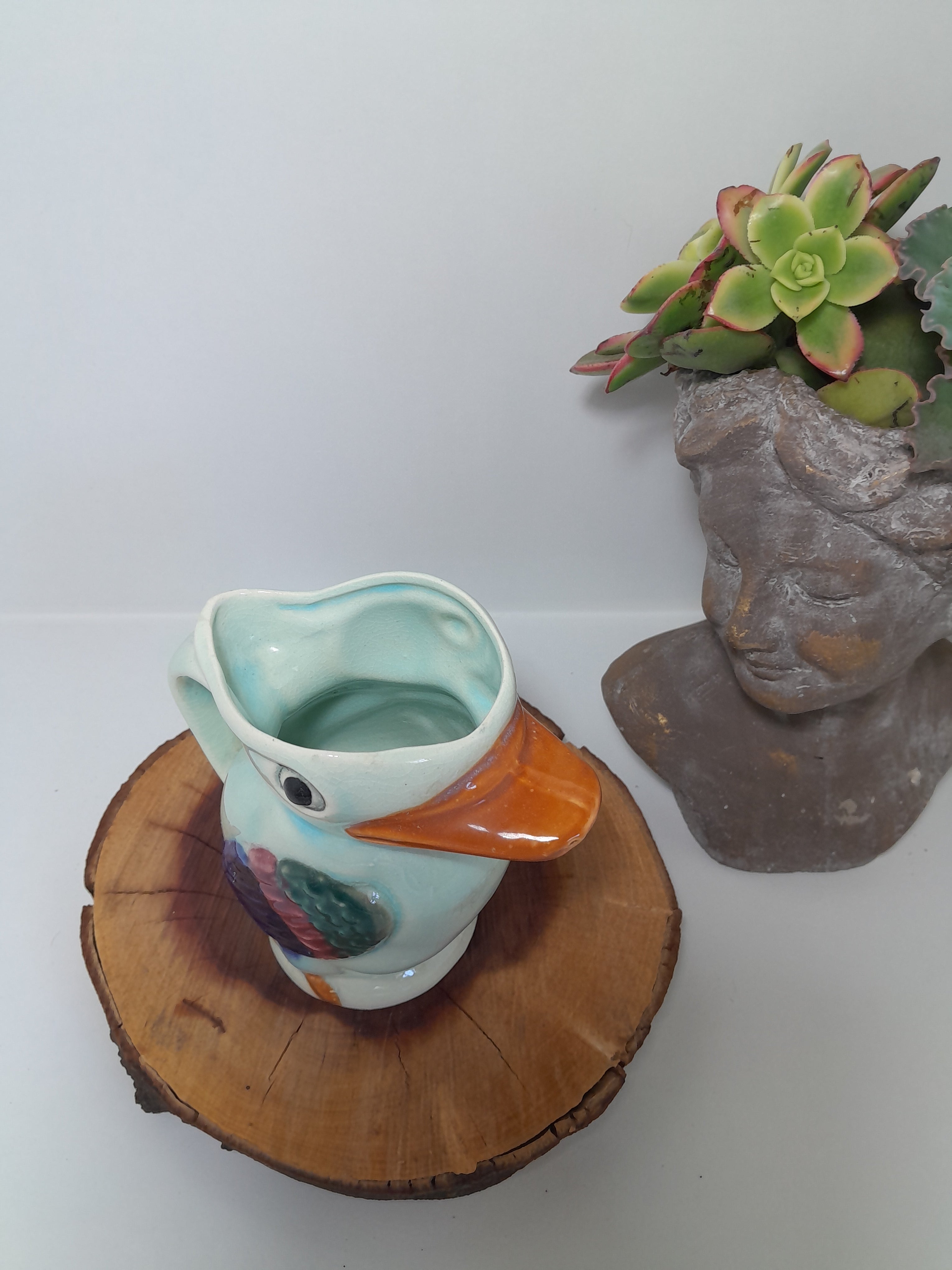 Vintage Hand-Painted Ceramic Pitcher Shaped Like a Bird