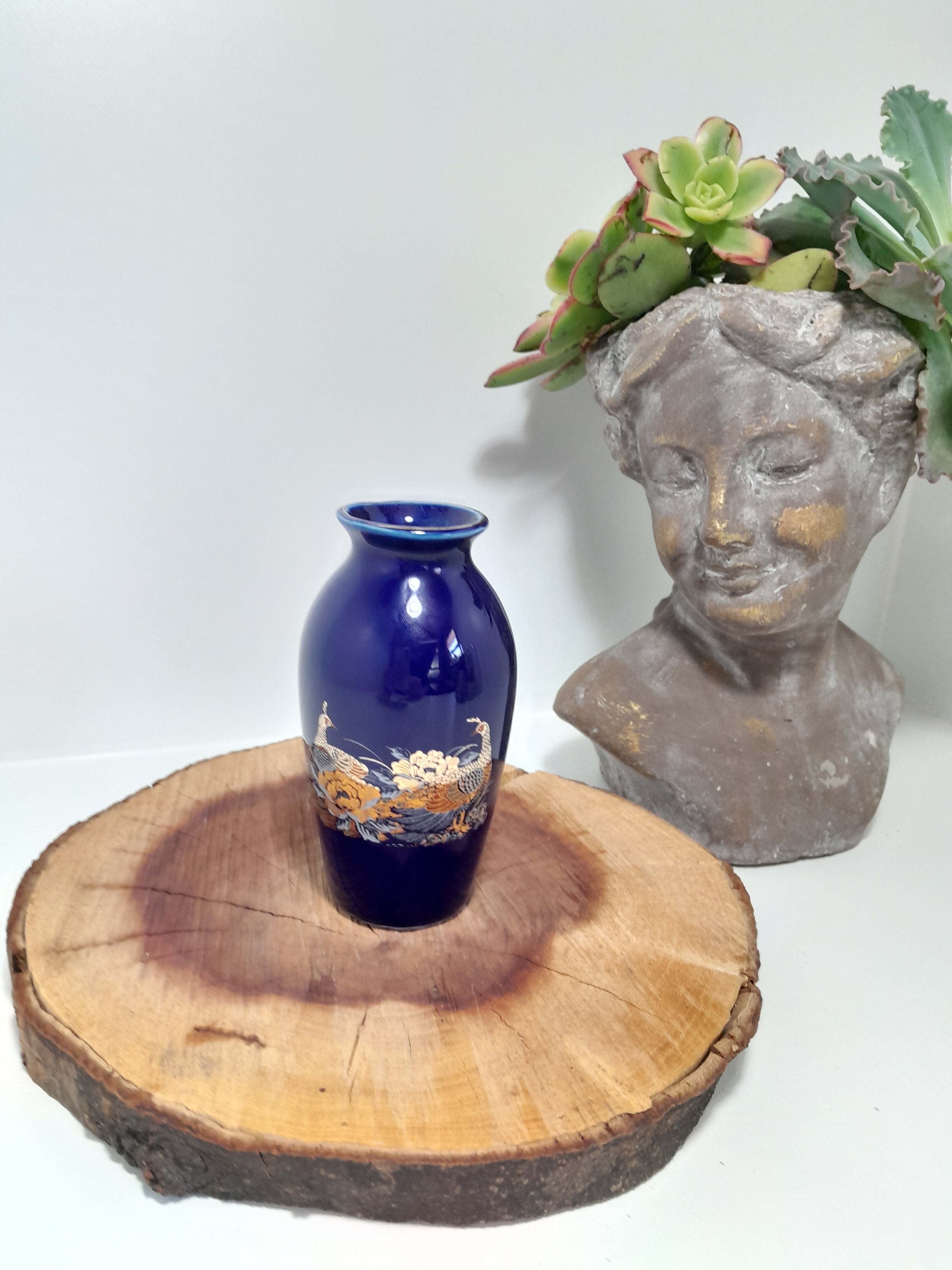 Vintage Small Cobalt Blue Hand-Painted Japanese Kutani Bud Vase