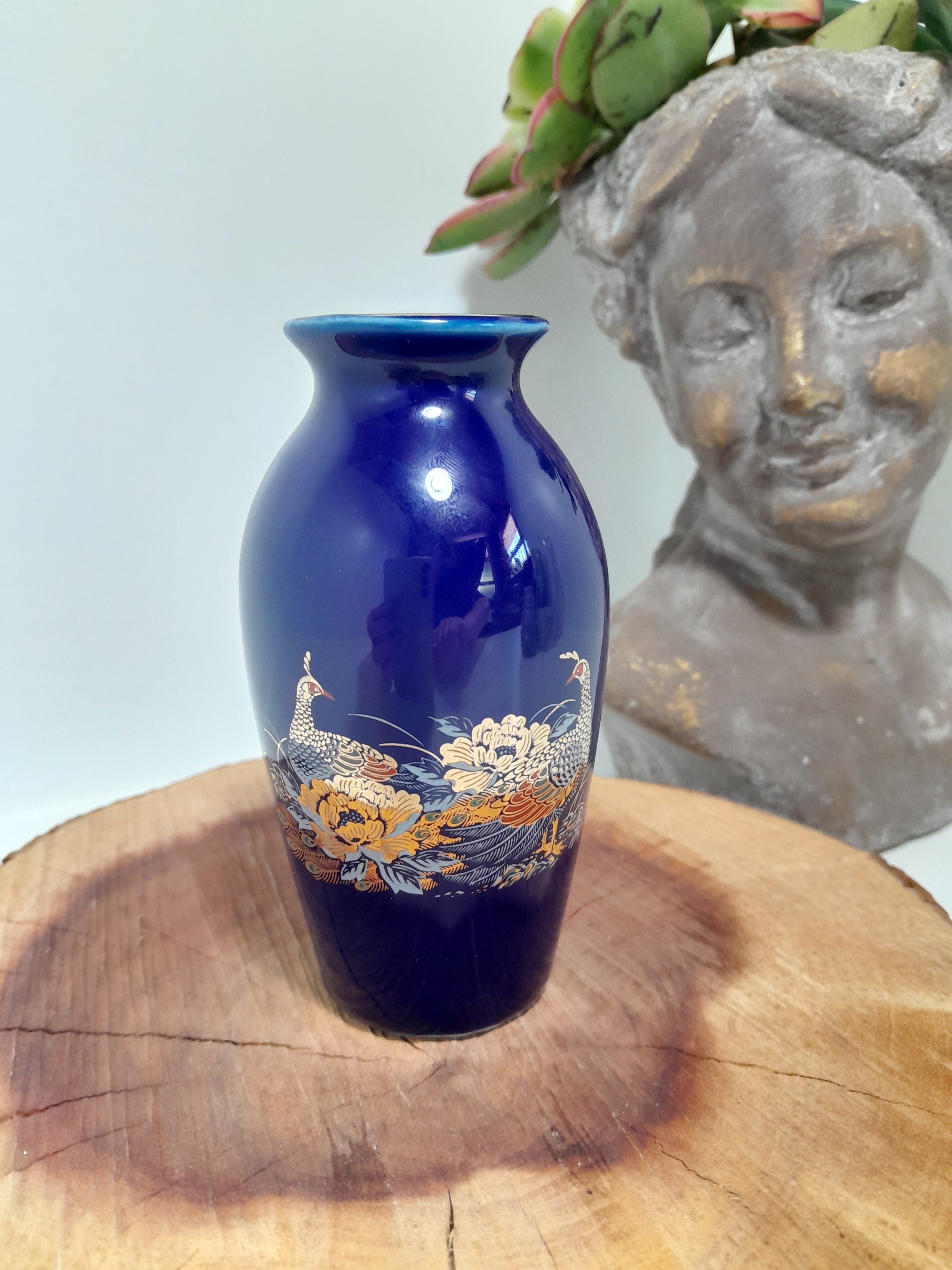 Vintage Small Cobalt Blue Hand-Painted Japanese Kutani Bud Vase