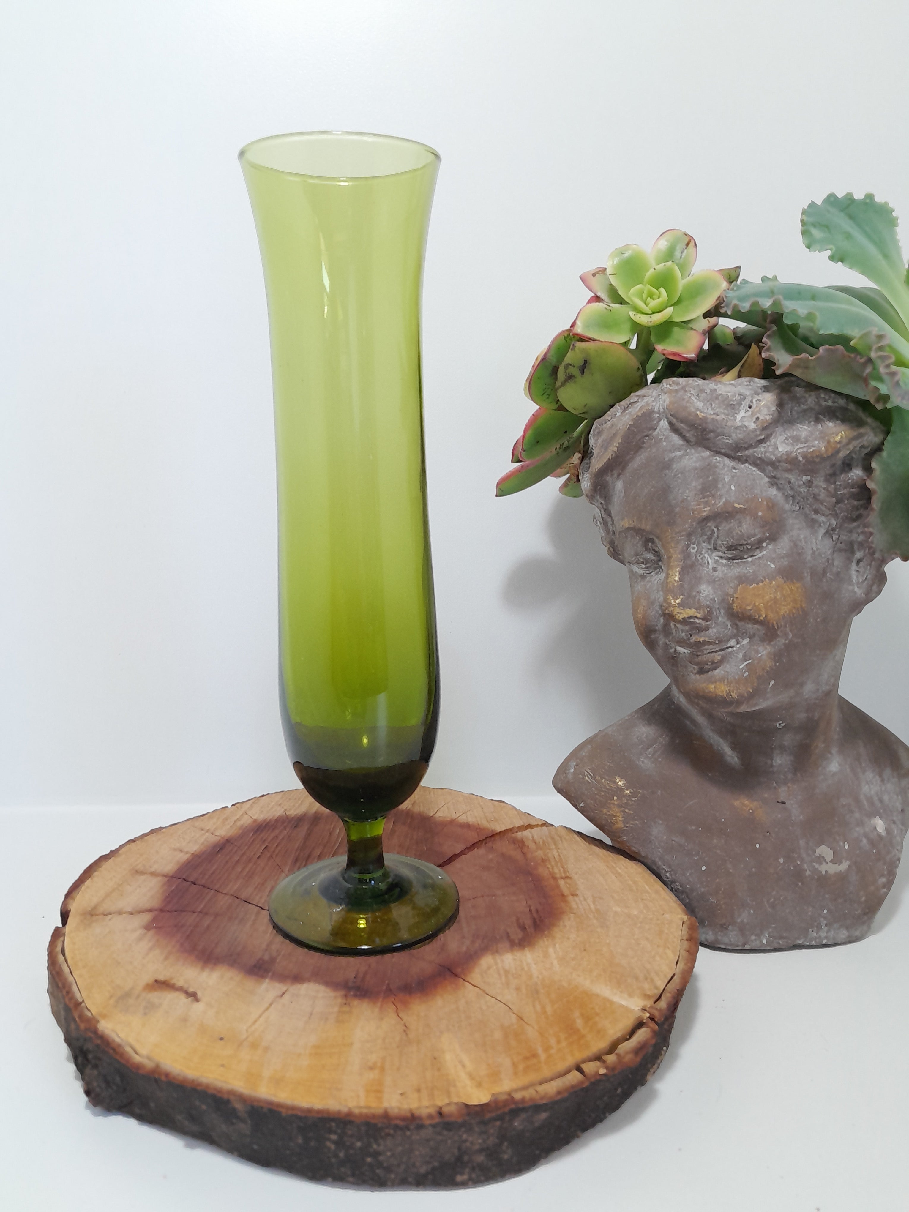 Tall, Olive Green Glass Bud Vase with Pedestal Base