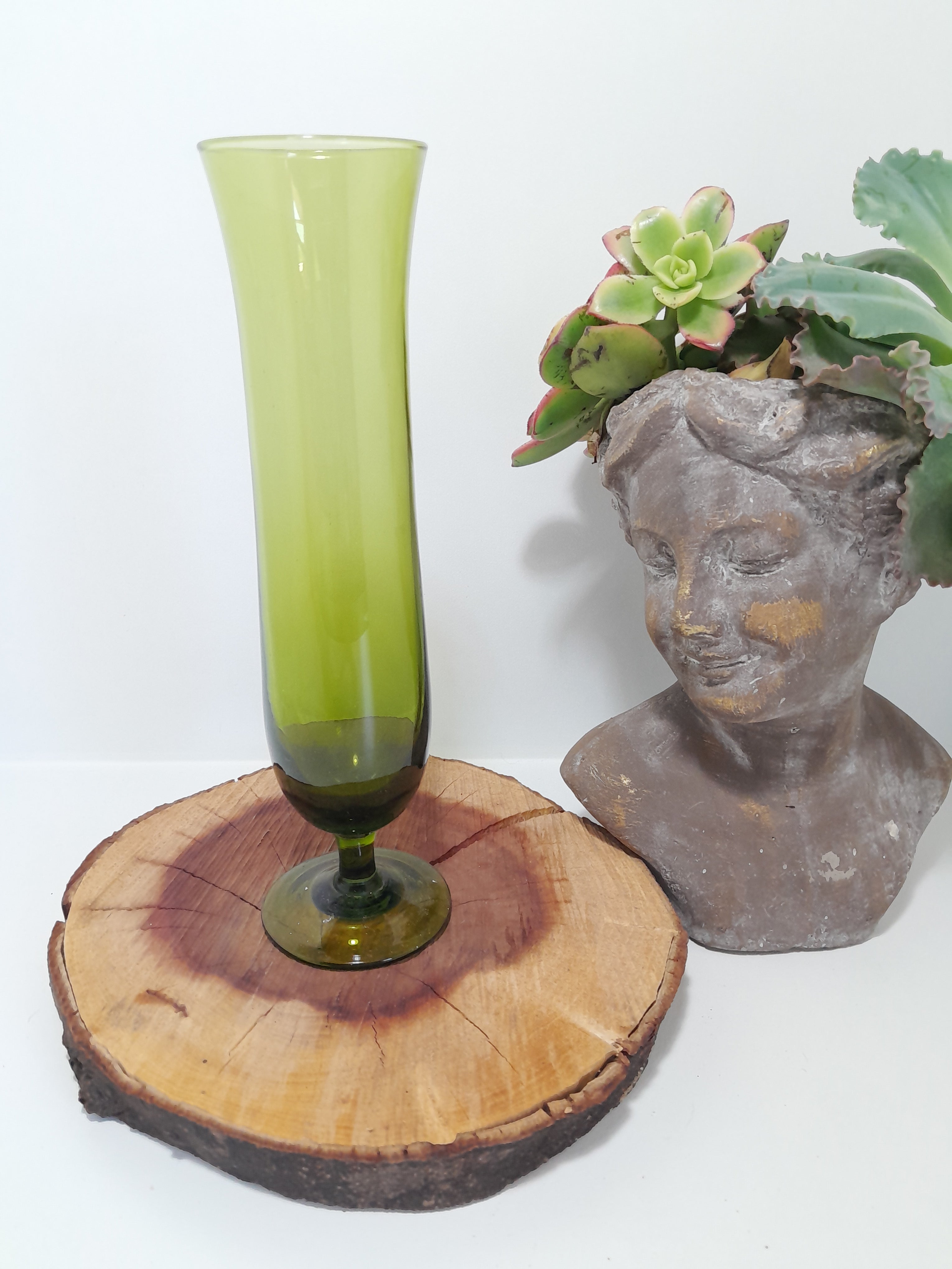 Tall, Olive Green Glass Bud Vase with Pedestal Base