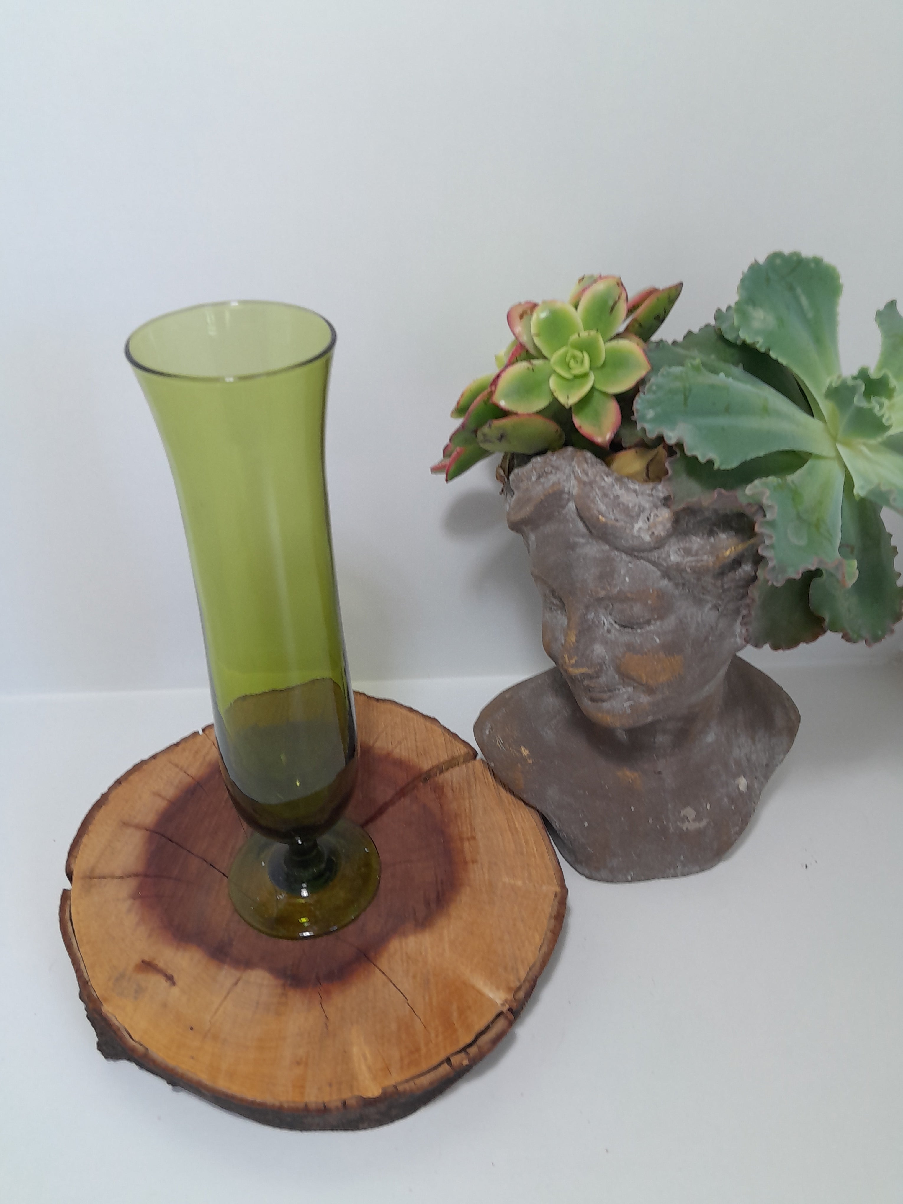 Tall, Olive Green Glass Bud Vase with Pedestal Base