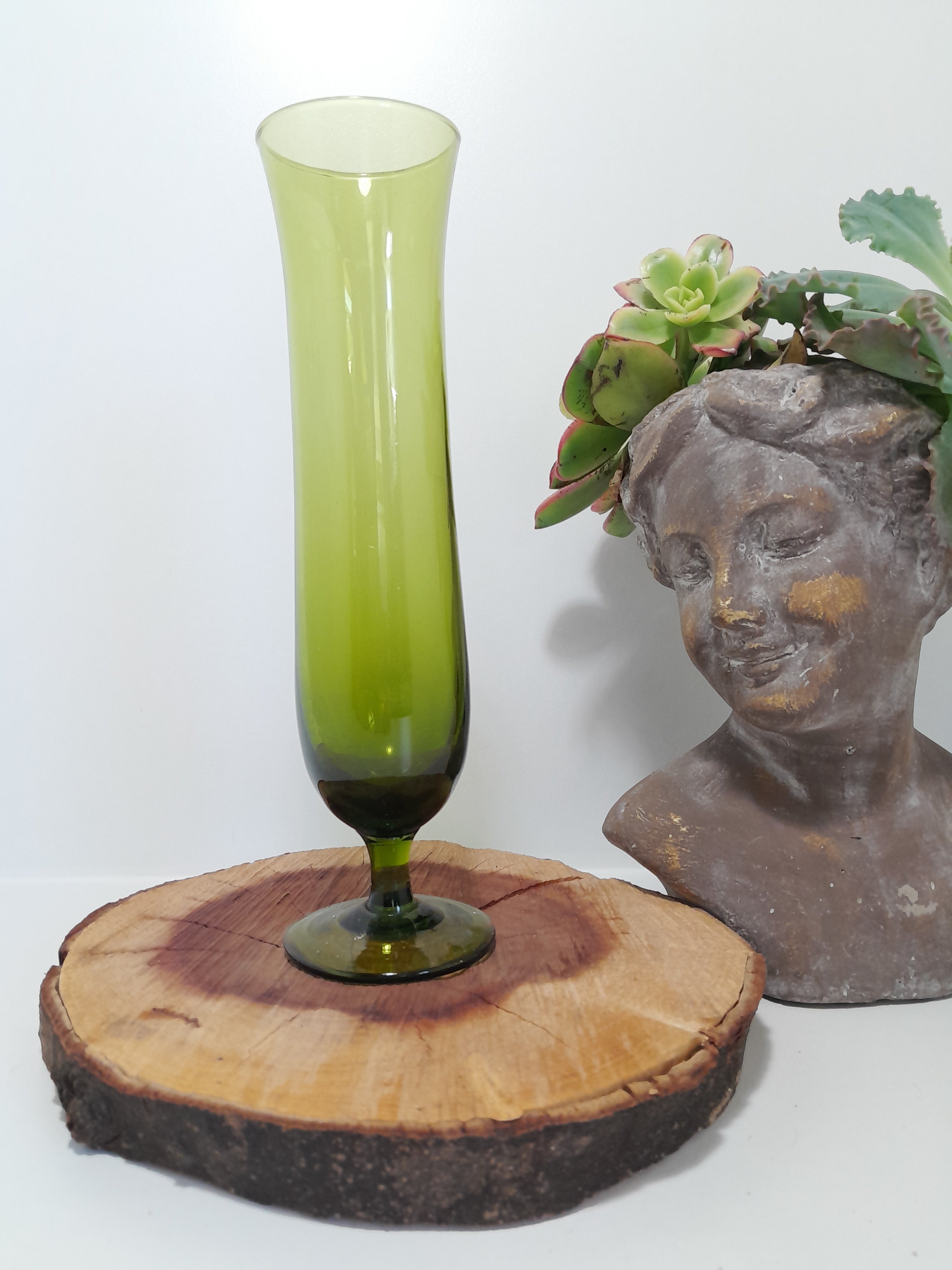 Tall, Olive Green Glass Bud Vase with Pedestal Base