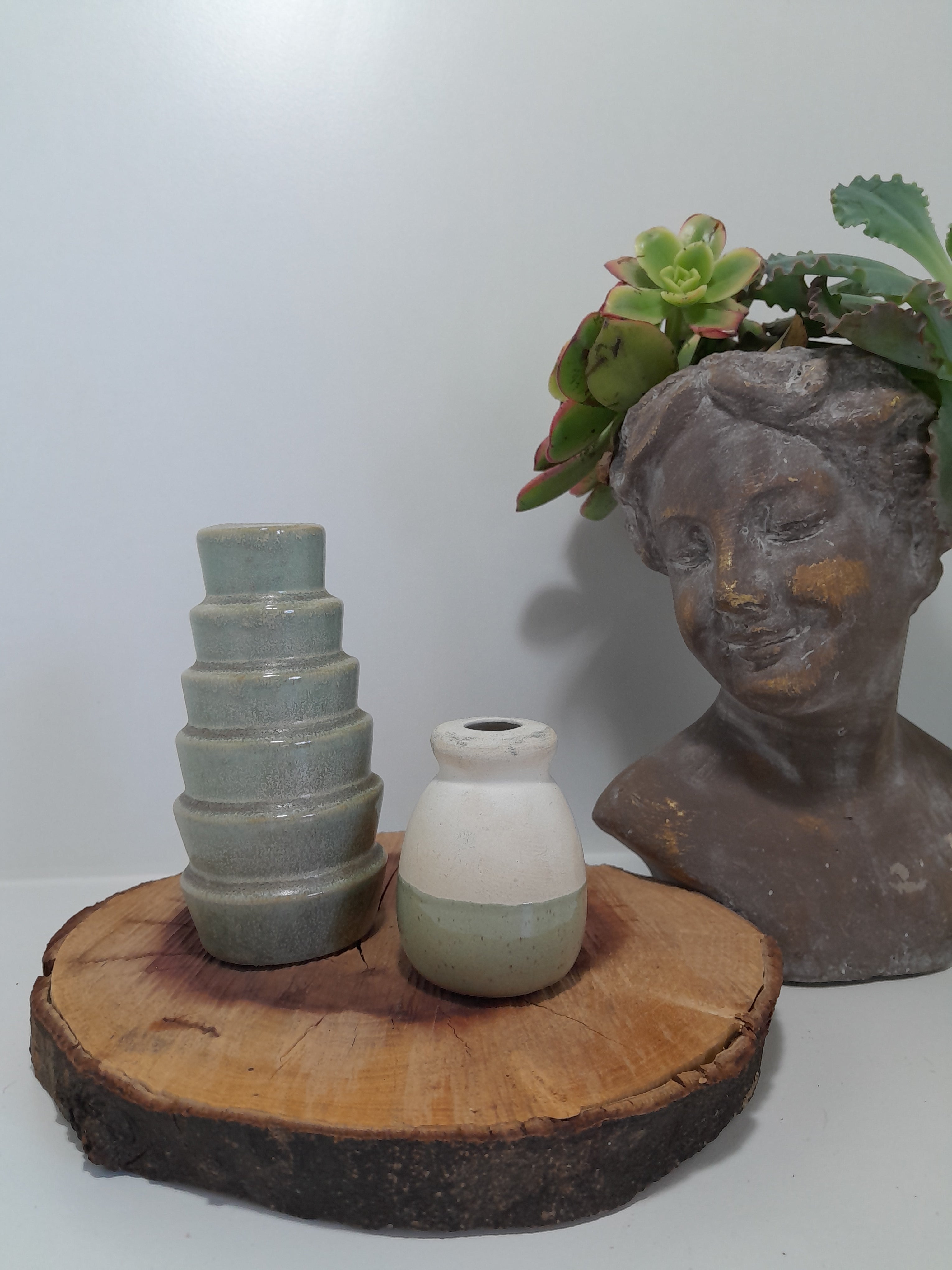 Set of 2 Sage Coloured Ceramic Decorative Items – incense Holder & Bud Vase