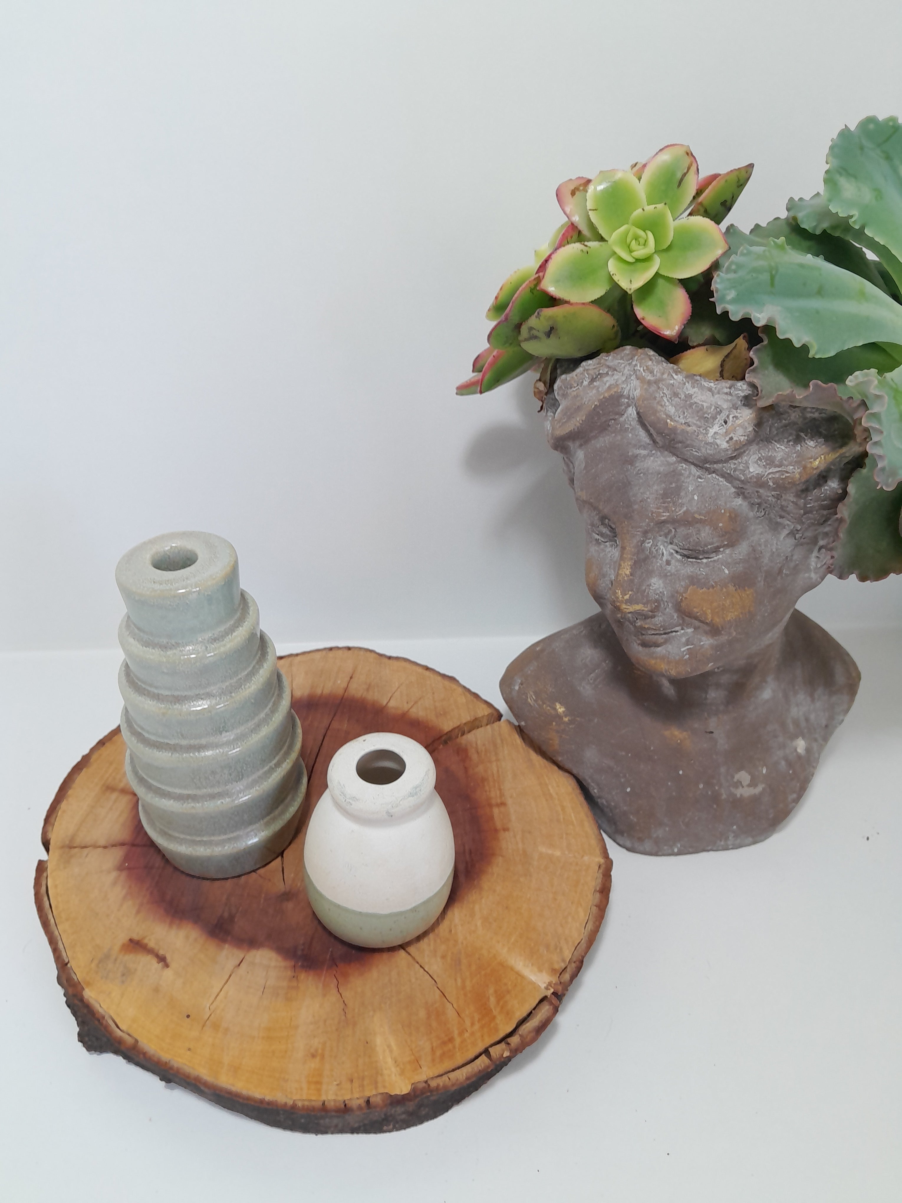 Set of 2 Sage Coloured Ceramic Decorative Items – incense Holder & Bud Vase