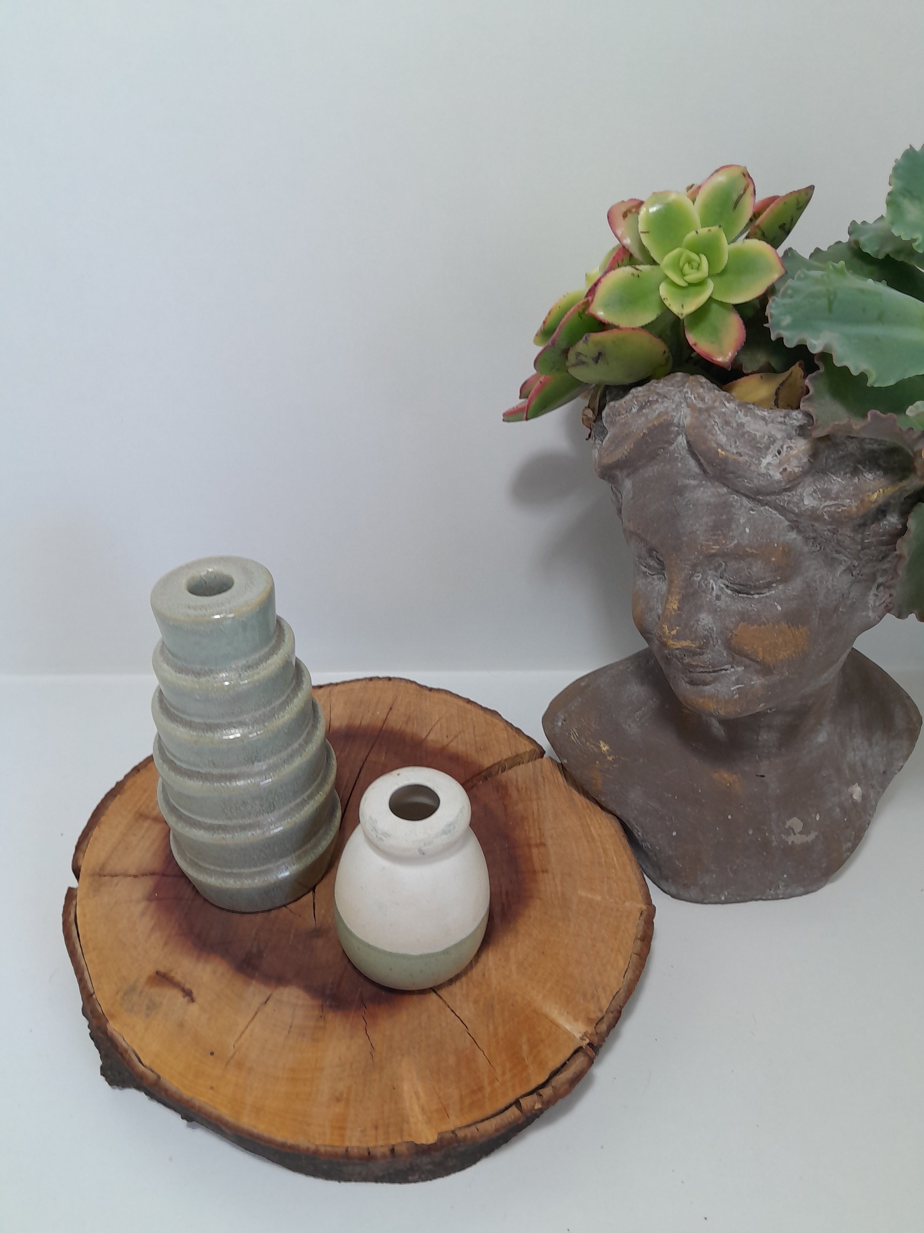 Set of 2 Sage Coloured Ceramic Decorative Items – incense Holder & Bud Vase