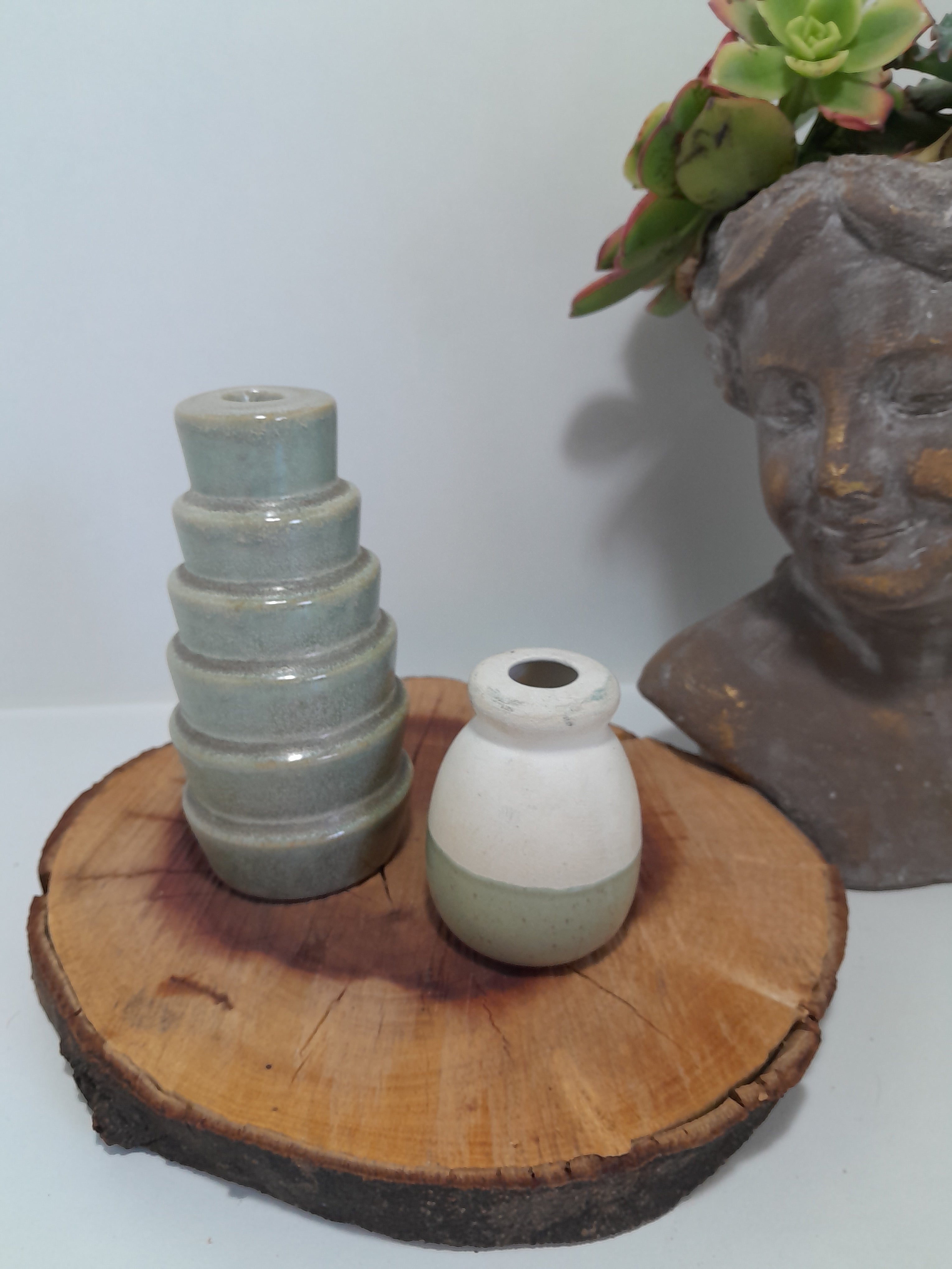 Set of 2 Sage Coloured Ceramic Decorative Items – incense Holder & Bud Vase