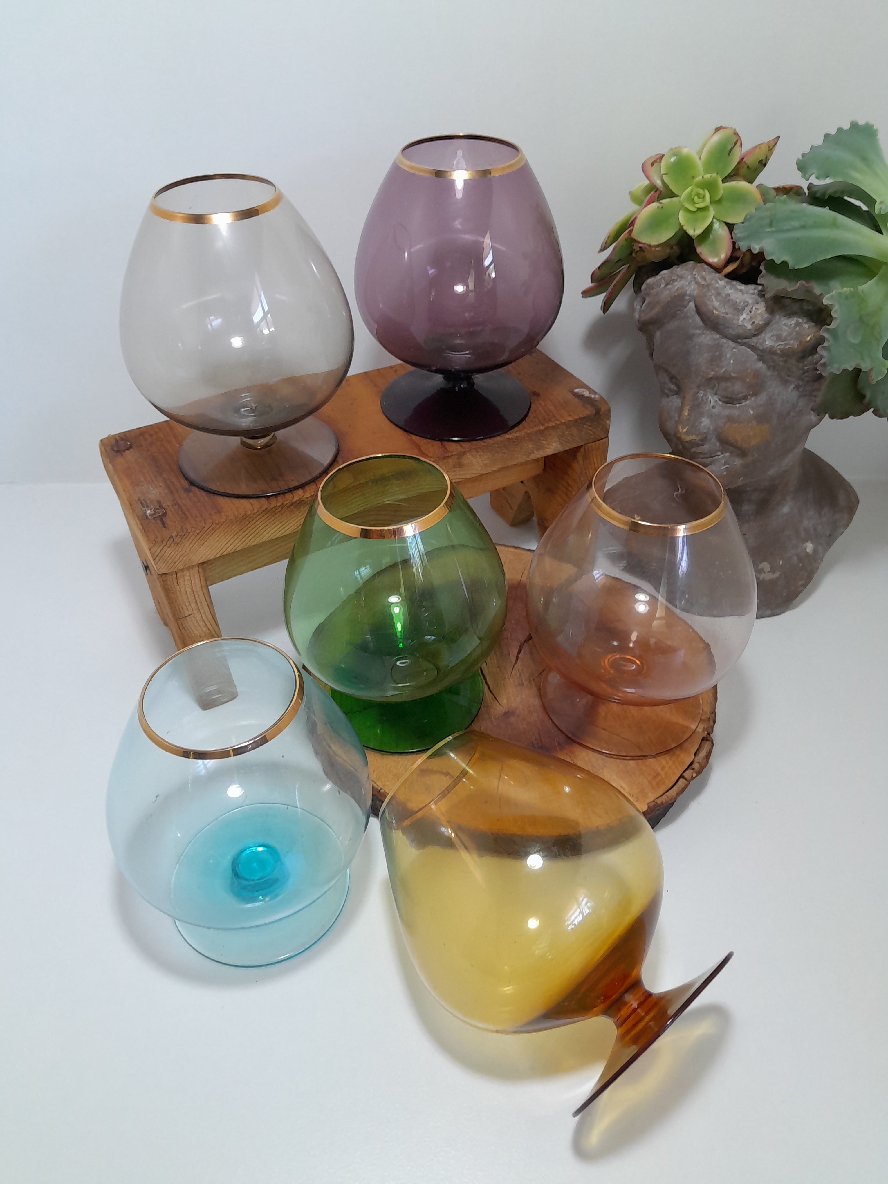 Set of 6 Colourful and Vintage, Mid-Century Modern Brandy Snifters / Cognac Glasses