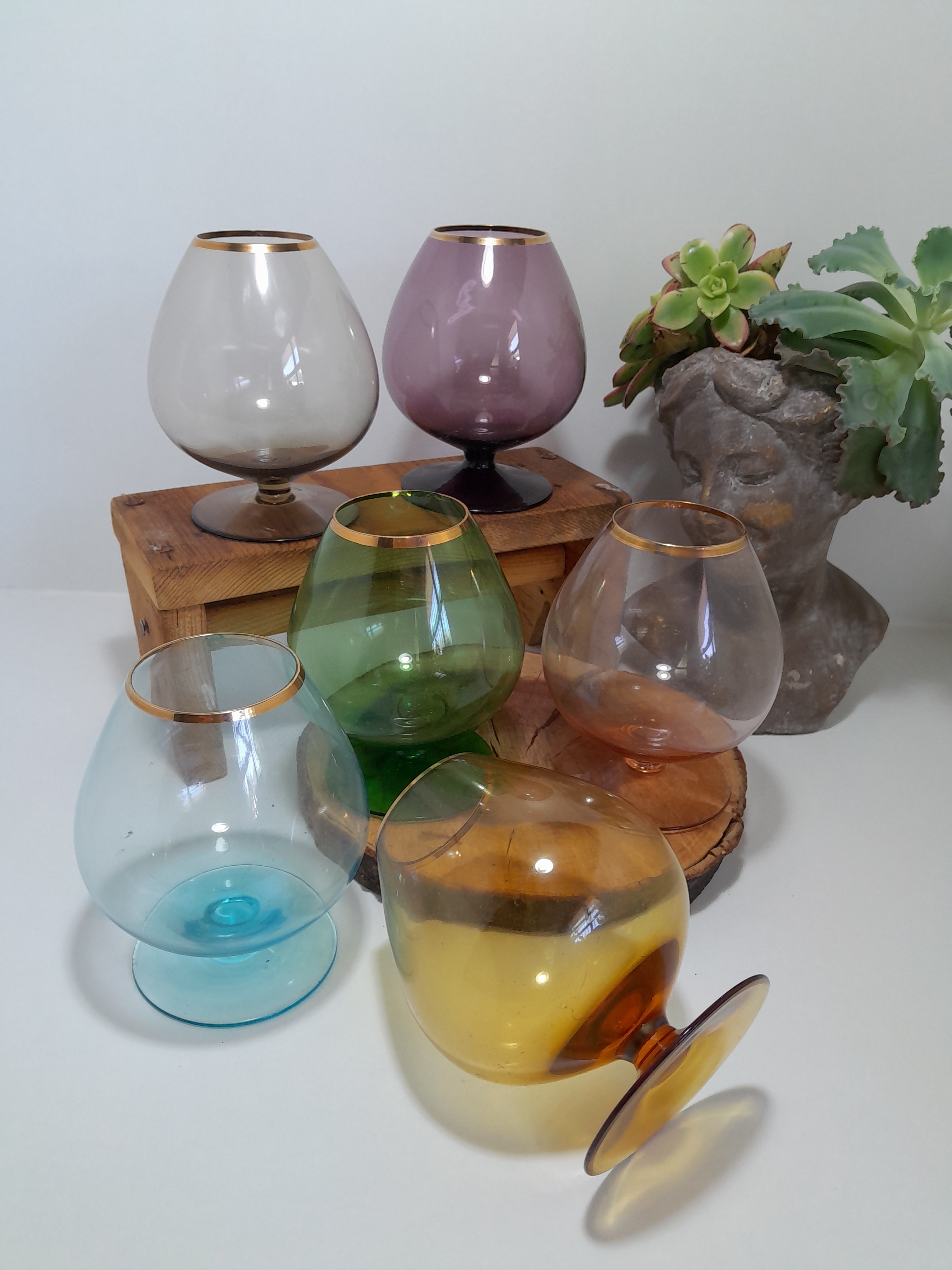 Set of 6 Colourful and Vintage, Mid-Century Modern Brandy Snifters / Cognac Glasses