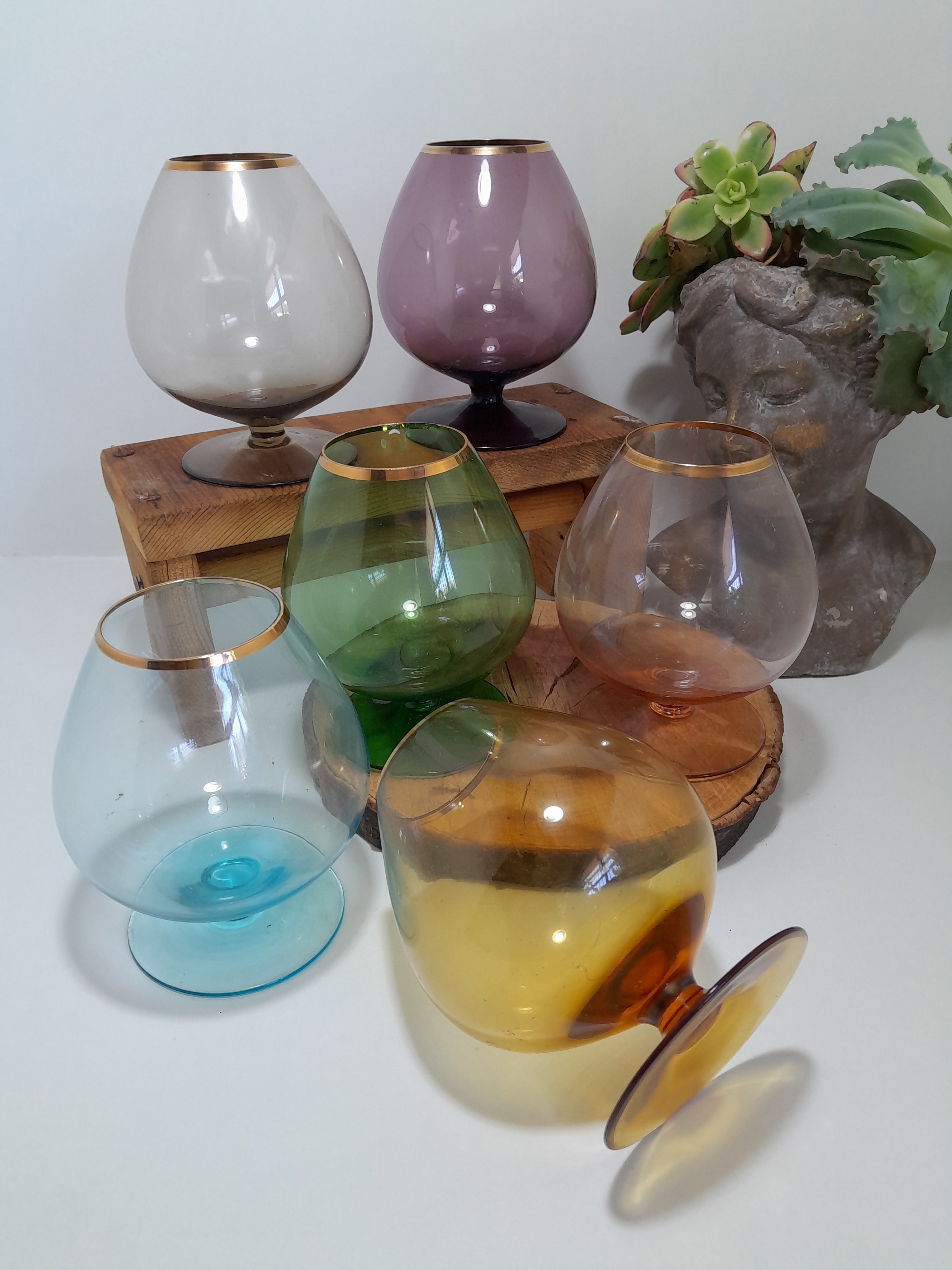 Set of 6 Colourful and Vintage, Mid-Century Modern Brandy Snifters / Cognac Glasses