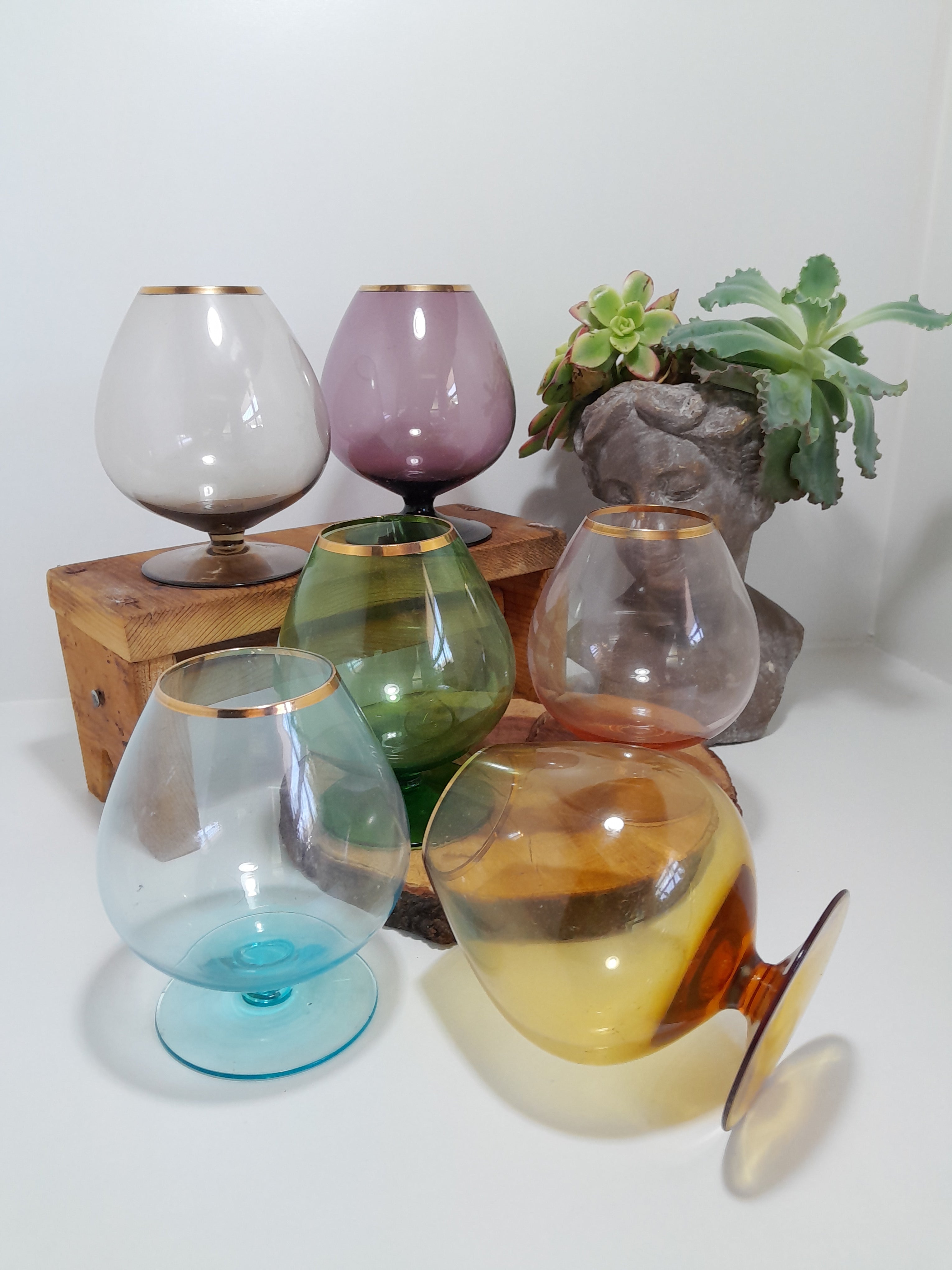Set of 6 Colourful and Vintage, Mid-Century Modern Brandy Snifters / Cognac Glasses