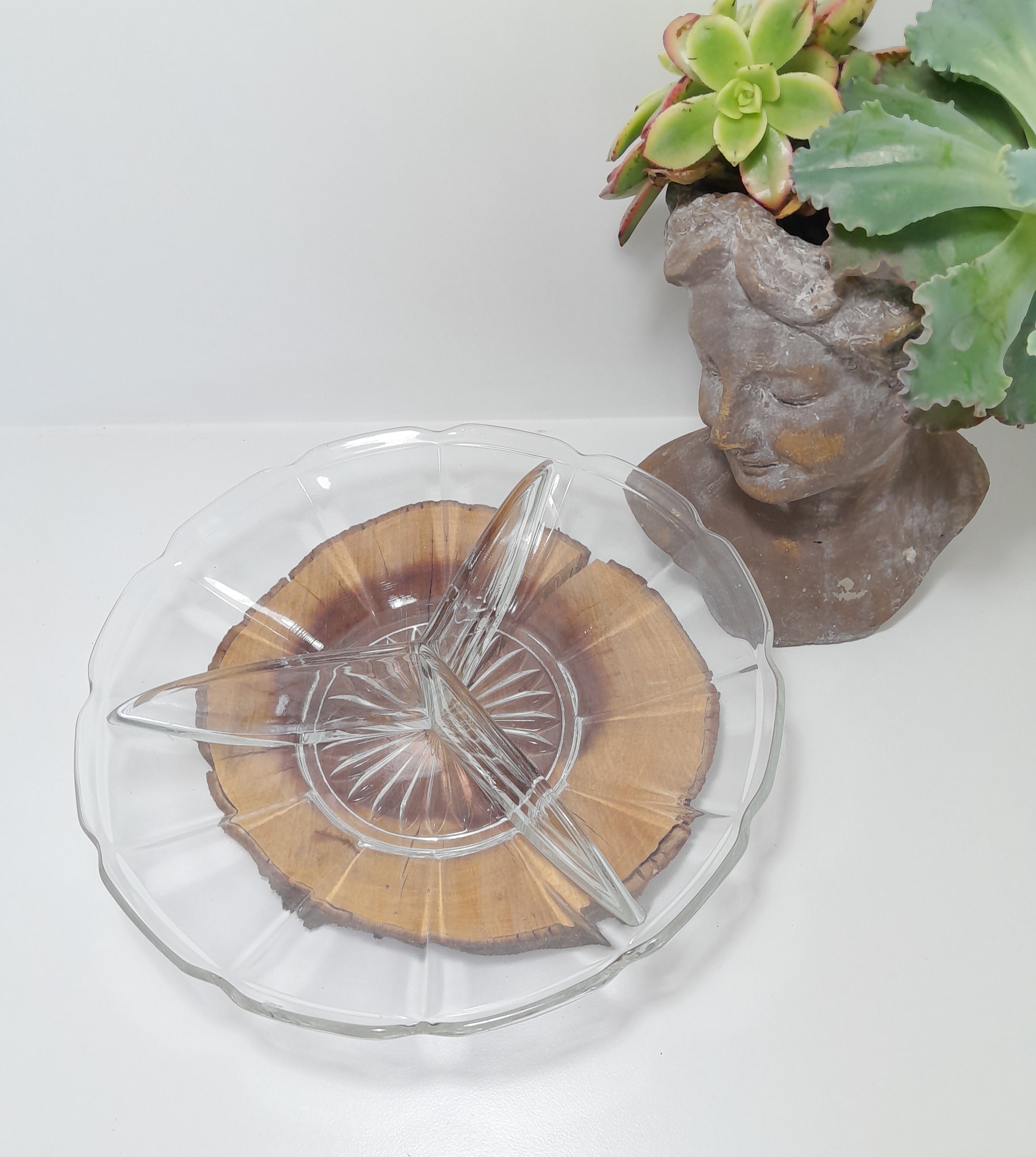 Vintage 3-Division Clear Glass Serving Dish