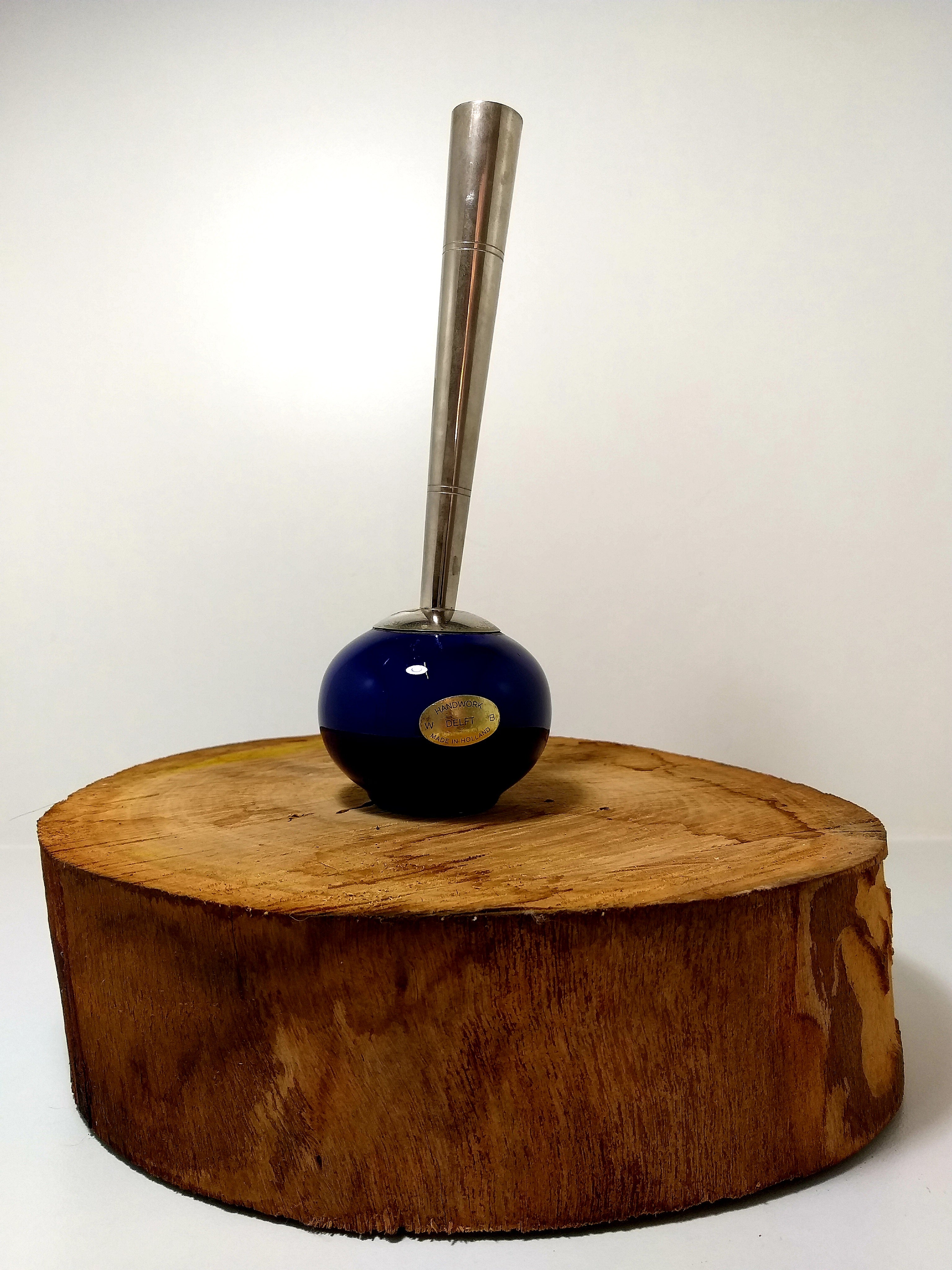 Rare Vintage Delft Pewter and Cobalt Blue Ceramic Bud Vase Made in Holland