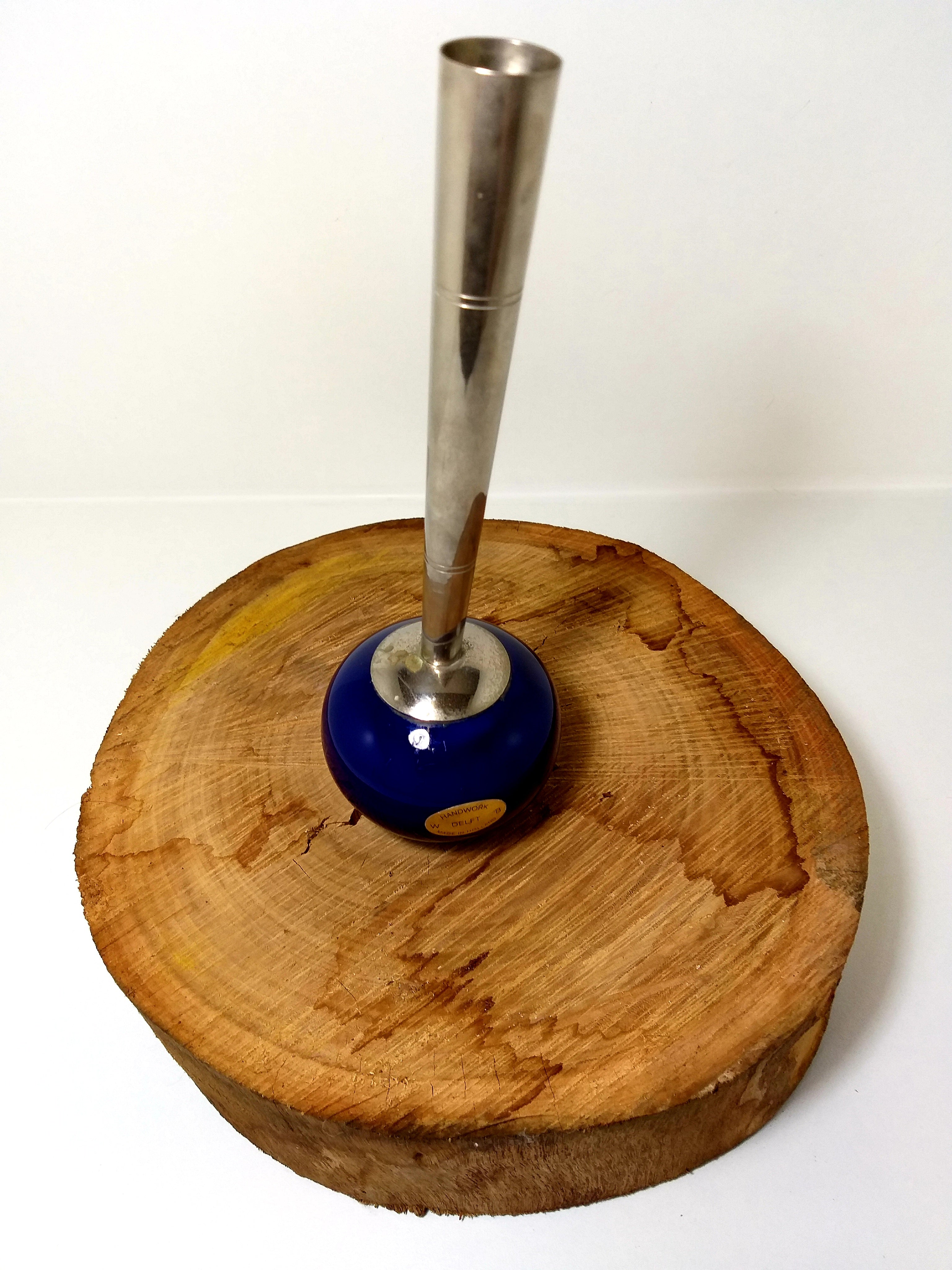 Rare Vintage Delft Pewter and Cobalt Blue Ceramic Bud Vase Made in Holland