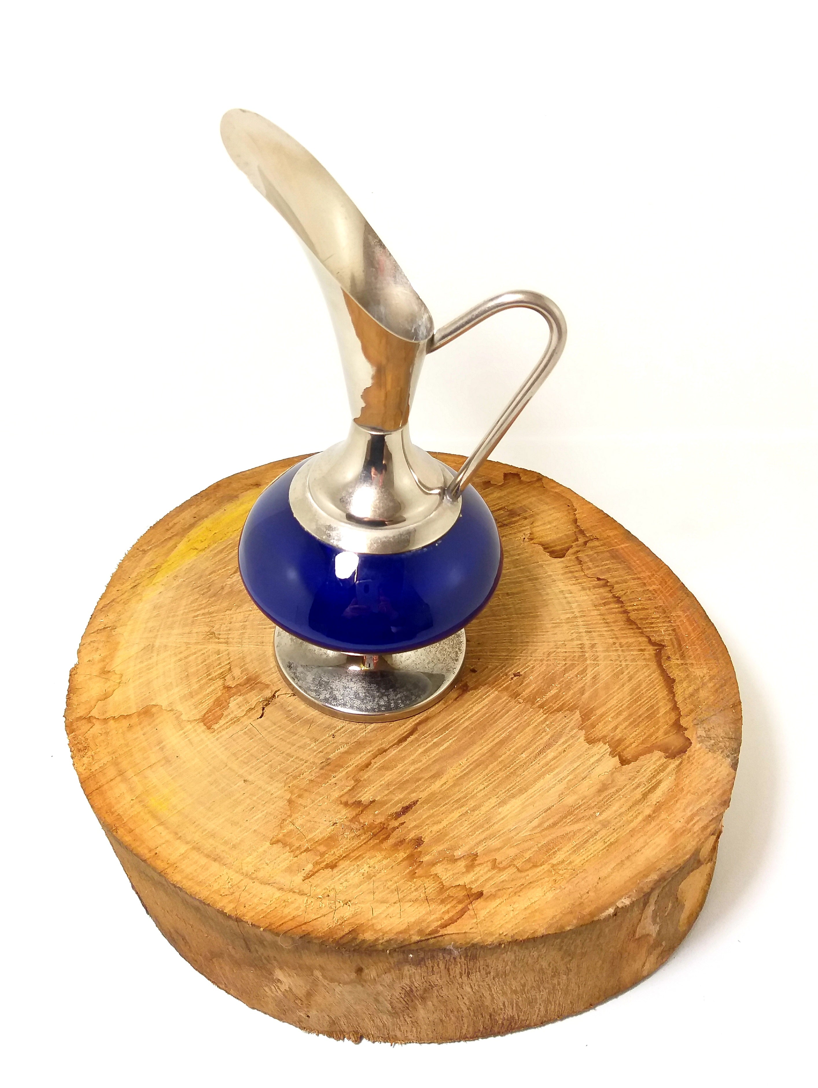 Rare Vintage Delft Pewter and Cobalt Blue Ceramic Pitcher Vase Made in Holland