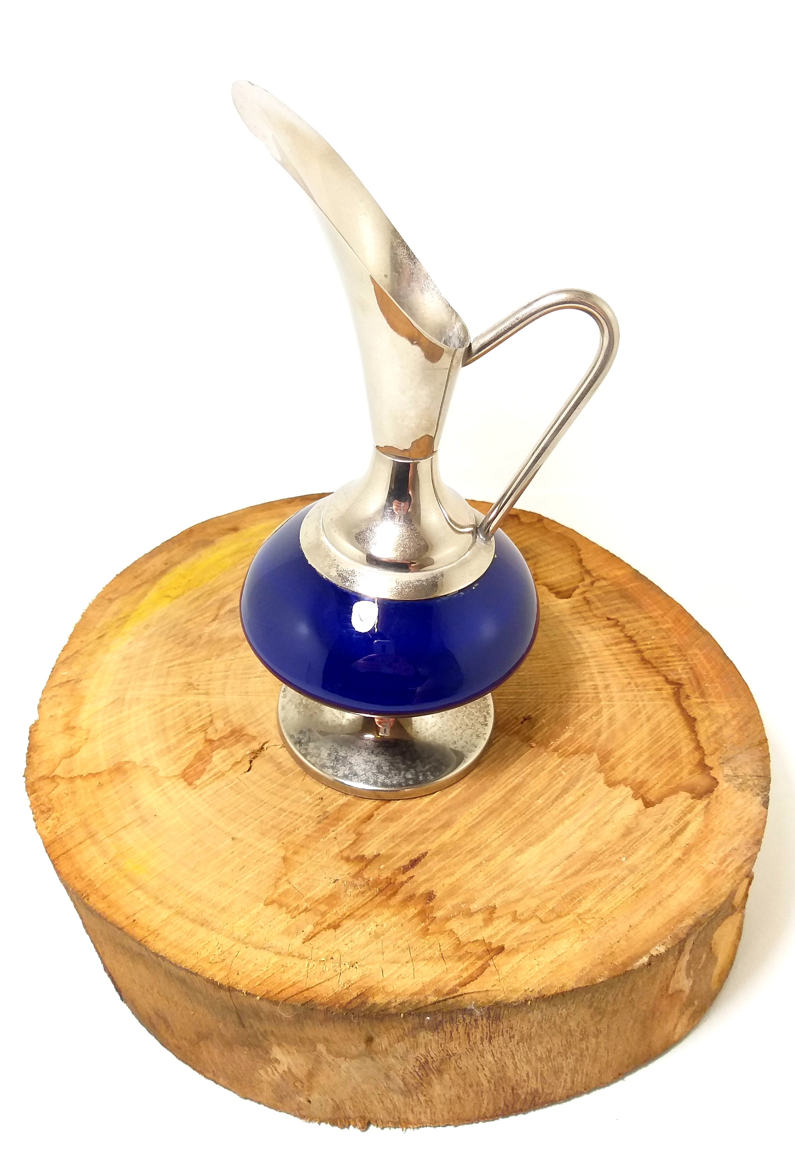 Rare Vintage Delft Pewter and Cobalt Blue Ceramic Pitcher Vase Made in Holland