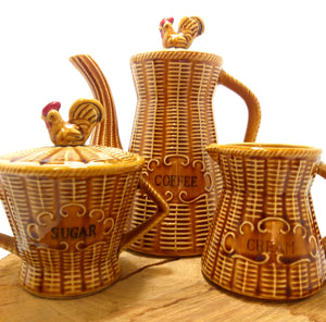 Beautiful Mid Century Basket Weave Ceramic Coffee Set With Rooster Detail – Coffee Pot, Creamer & Lidded Sugar Bowl