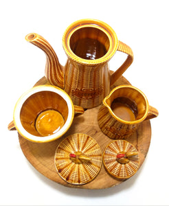 Beautiful Mid Century Basket Weave Ceramic Coffee Set With Rooster Detail – Coffee Pot, Creamer & Lidded Sugar Bowl