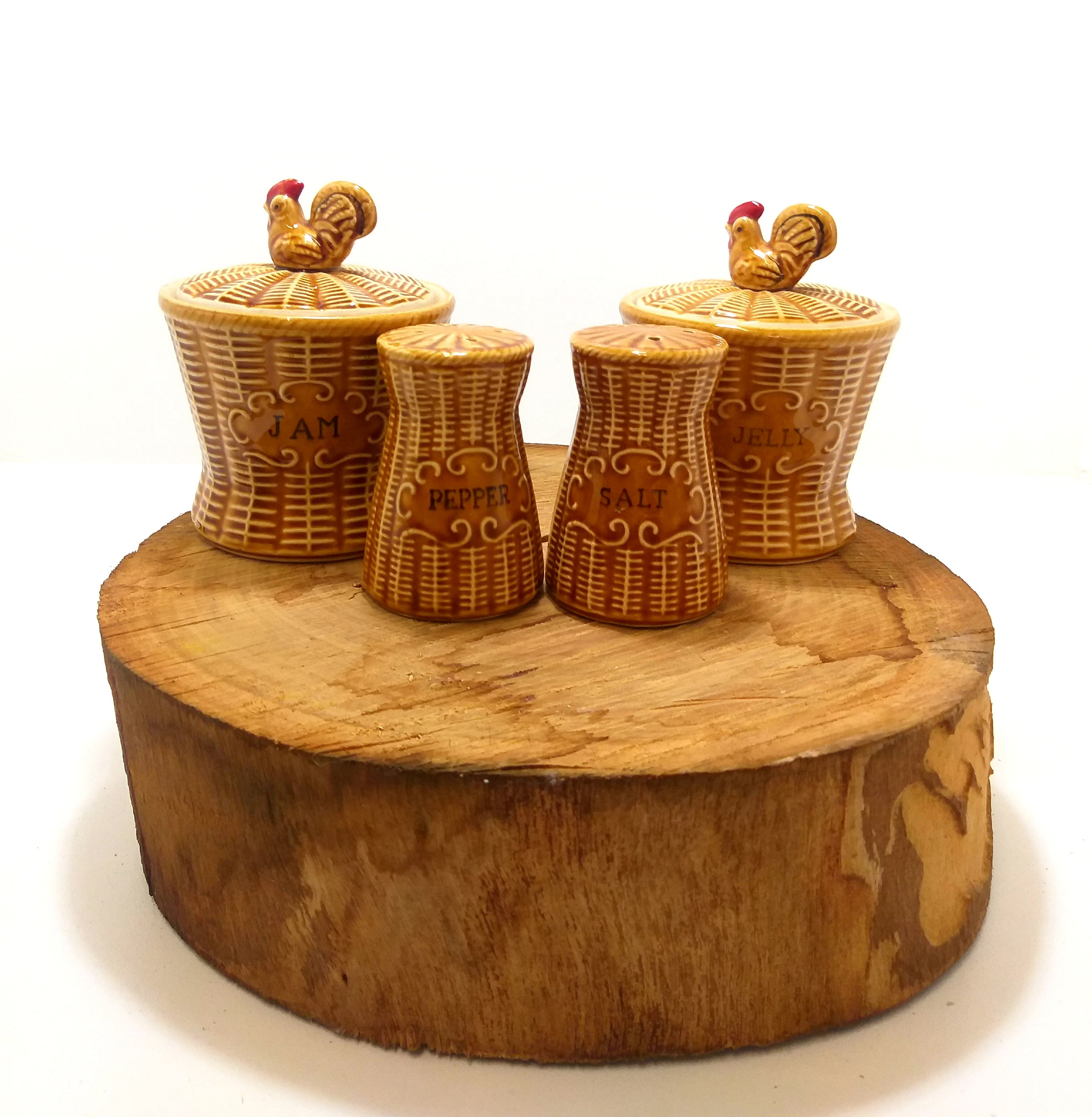 Beautiful Mid Century Basket Weave Ceramic Breakfast Set With Rooster Detail – Jam Pot, Jelly Pot & Salt & Pepper