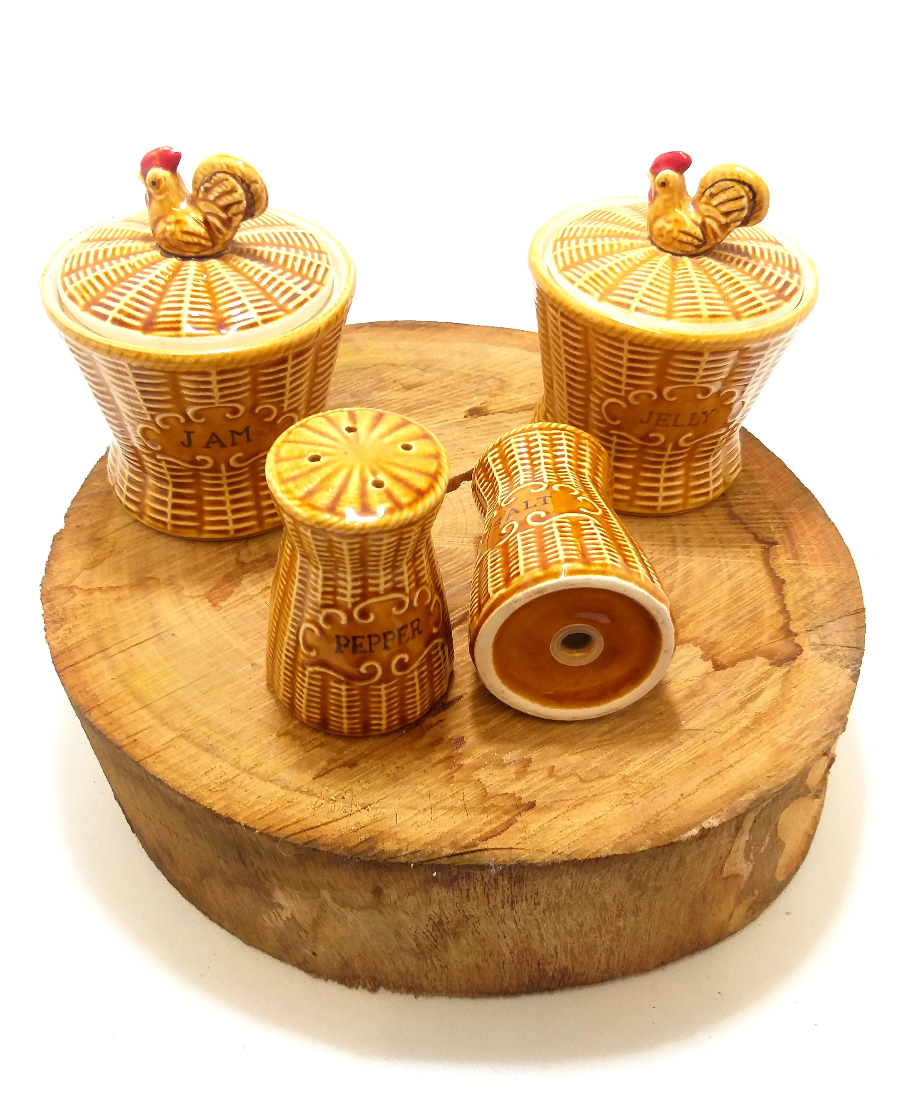 Beautiful Mid Century Basket Weave Ceramic Breakfast Set With Rooster Detail – Jam Pot, Jelly Pot & Salt & Pepper