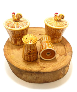 Beautiful Mid Century Basket Weave Ceramic Breakfast Set With Rooster Detail – Jam Pot, Jelly Pot & Salt & Pepper