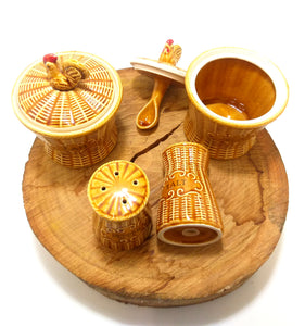 Beautiful Mid Century Basket Weave Ceramic Breakfast Set With Rooster Detail – Jam Pot, Jelly Pot & Salt & Pepper