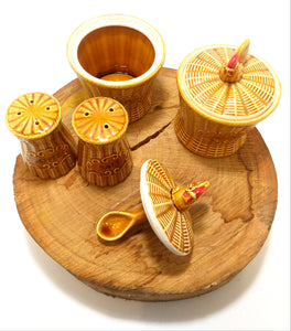 Beautiful Mid Century Basket Weave Ceramic Breakfast Set With Rooster Detail – Jam Pot, Jelly Pot & Salt & Pepper