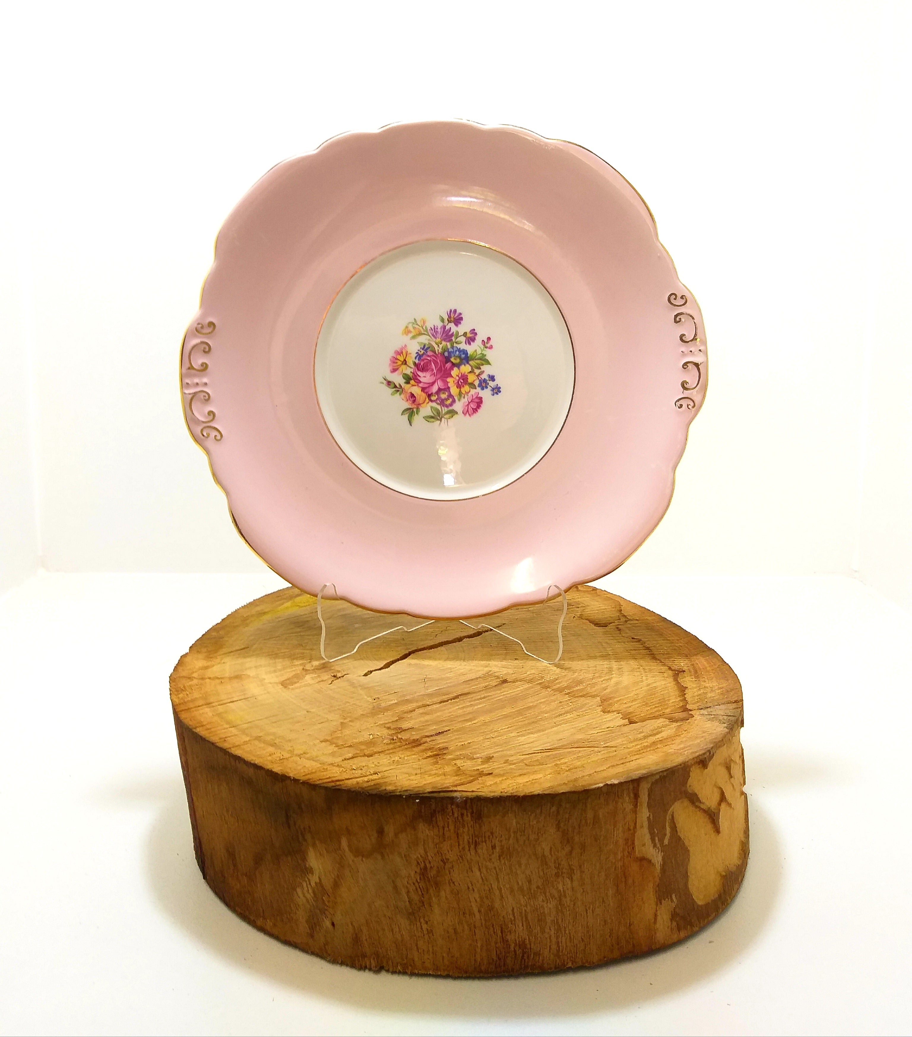 Vintage c.1939+ Taylor & Kent (Longton) Pastel Pink Biscuit/Cake Plate With Floating Roses  & Florals - Numbered
