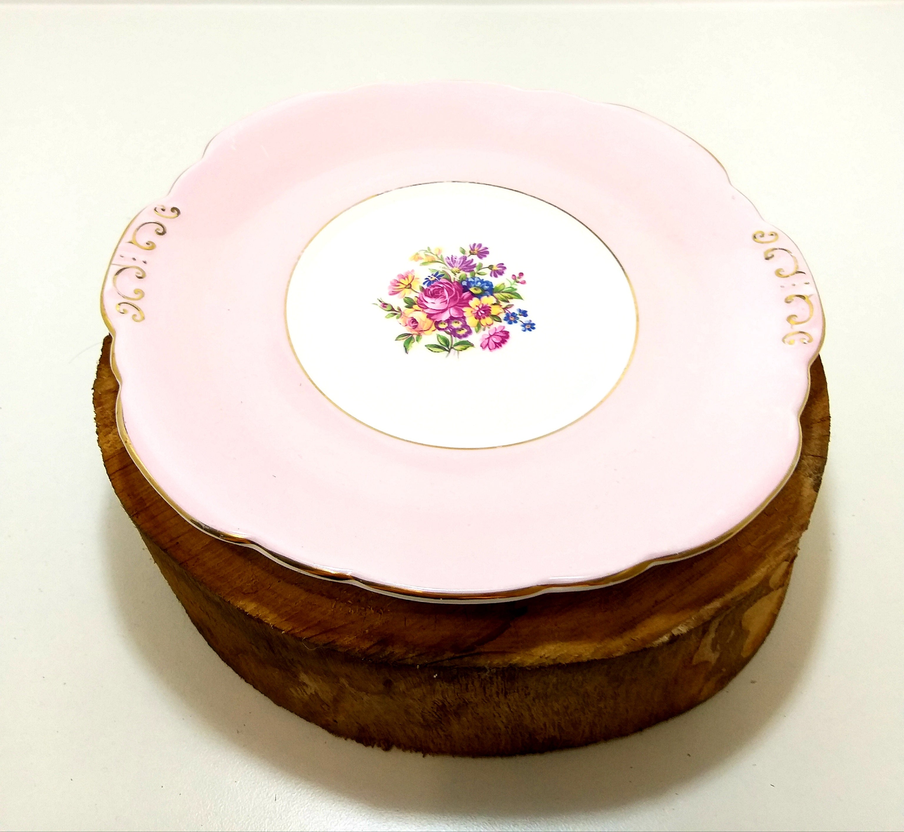 Vintage c.1939+ Taylor & Kent (Longton) Pastel Pink Biscuit/Cake Plate With Floating Roses  & Florals - Numbered