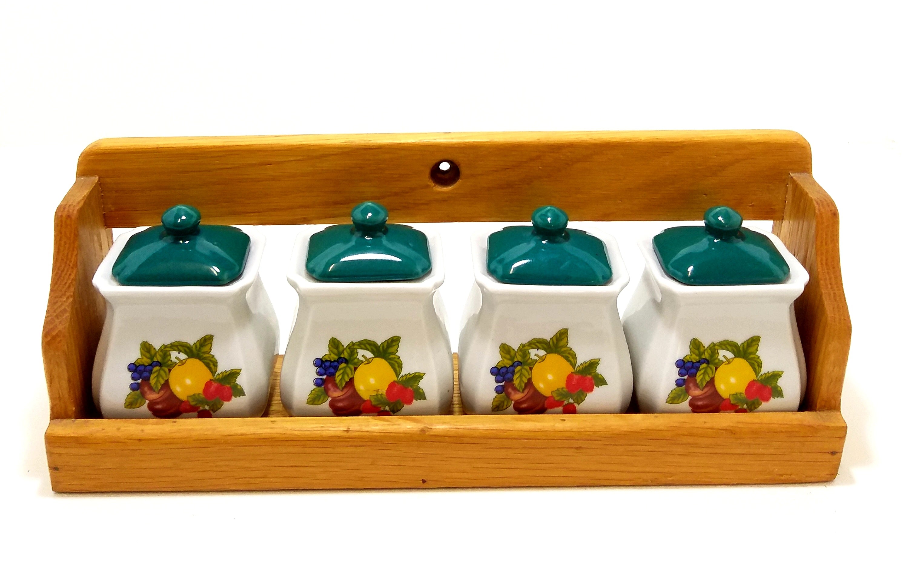 Gorgeous Mid-Century Oak Spice Rack With Four Lidded Porcelain Containers