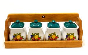 Gorgeous Mid-Century Oak Spice Rack With Four Lidded Porcelain Containers