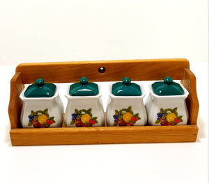 Gorgeous Mid-Century Oak Spice Rack With Four Lidded Porcelain Containers