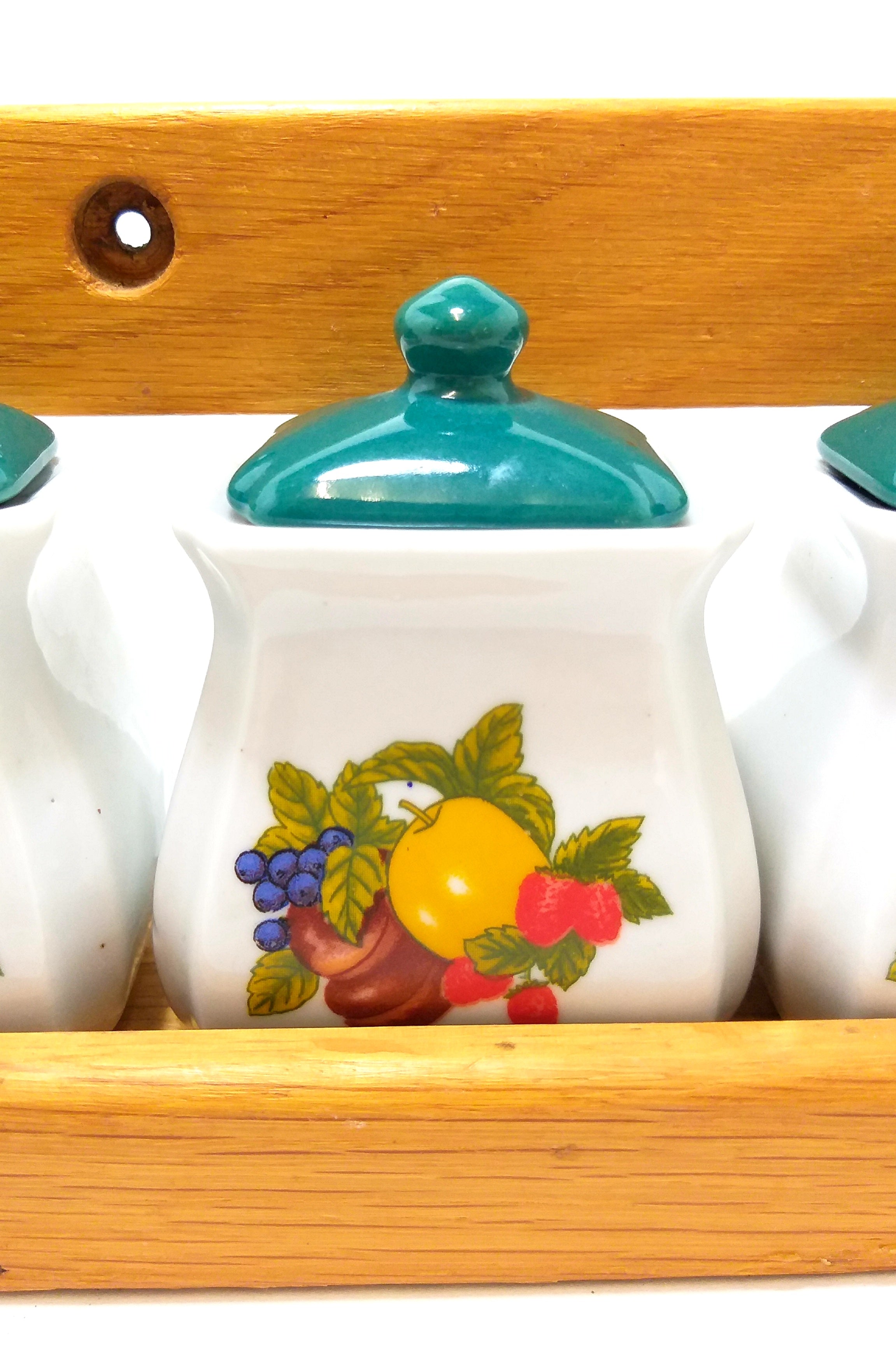 Gorgeous Mid-Century Oak Spice Rack With Four Lidded Porcelain Containers
