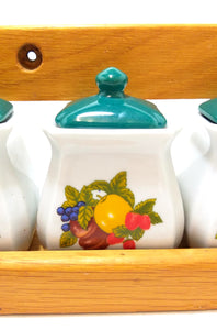 Gorgeous Mid-Century Oak Spice Rack With Four Lidded Porcelain Containers