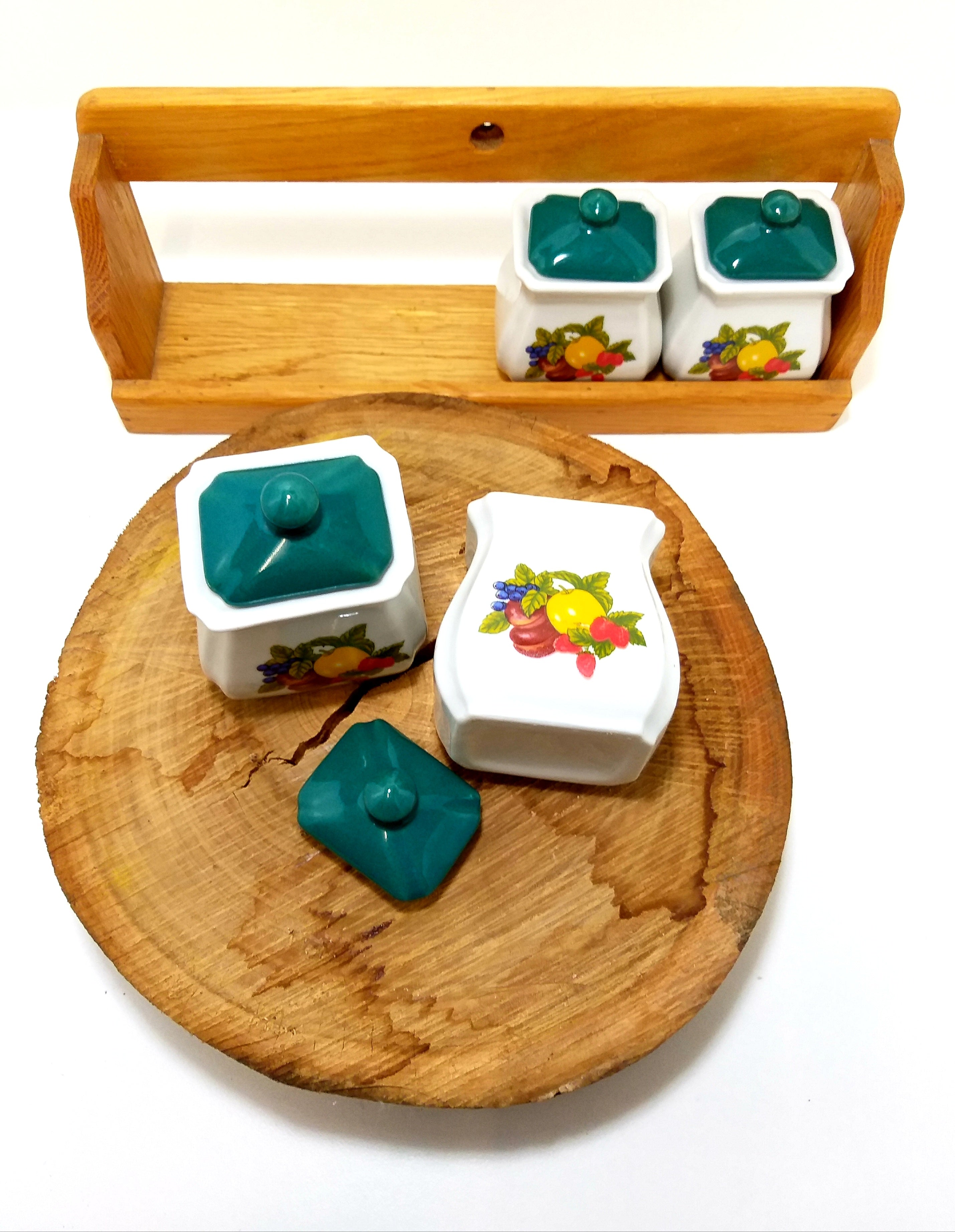 Gorgeous Mid-Century Oak Spice Rack With Four Lidded Porcelain Containers