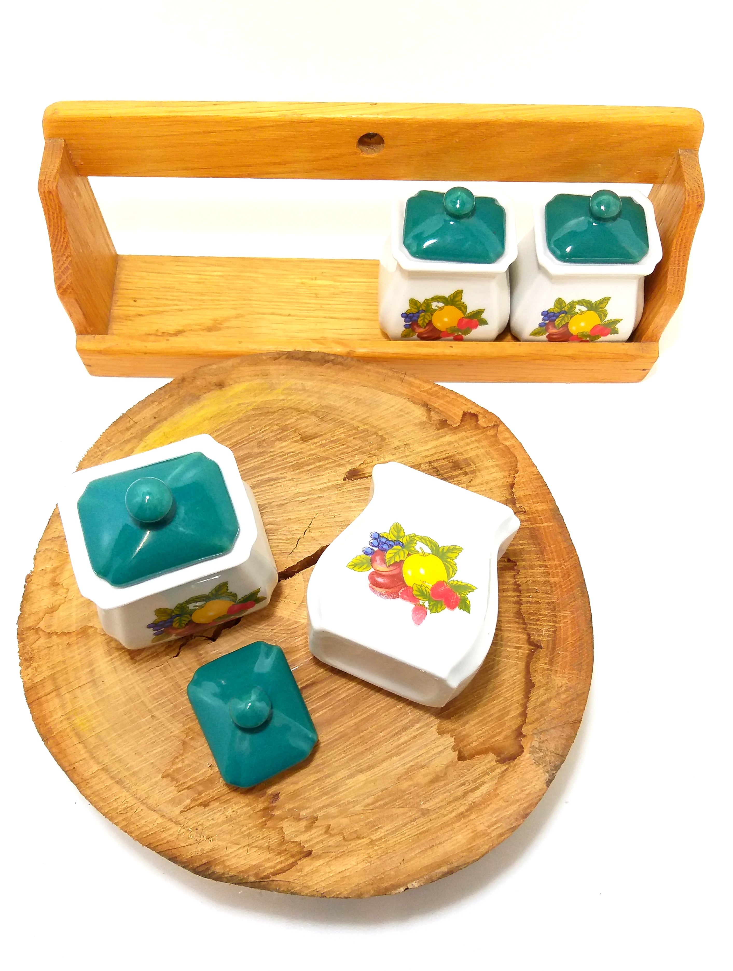 Gorgeous Mid-Century Oak Spice Rack With Four Lidded Porcelain Containers