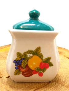 Gorgeous Mid-Century Oak Spice Rack With Four Lidded Porcelain Containers