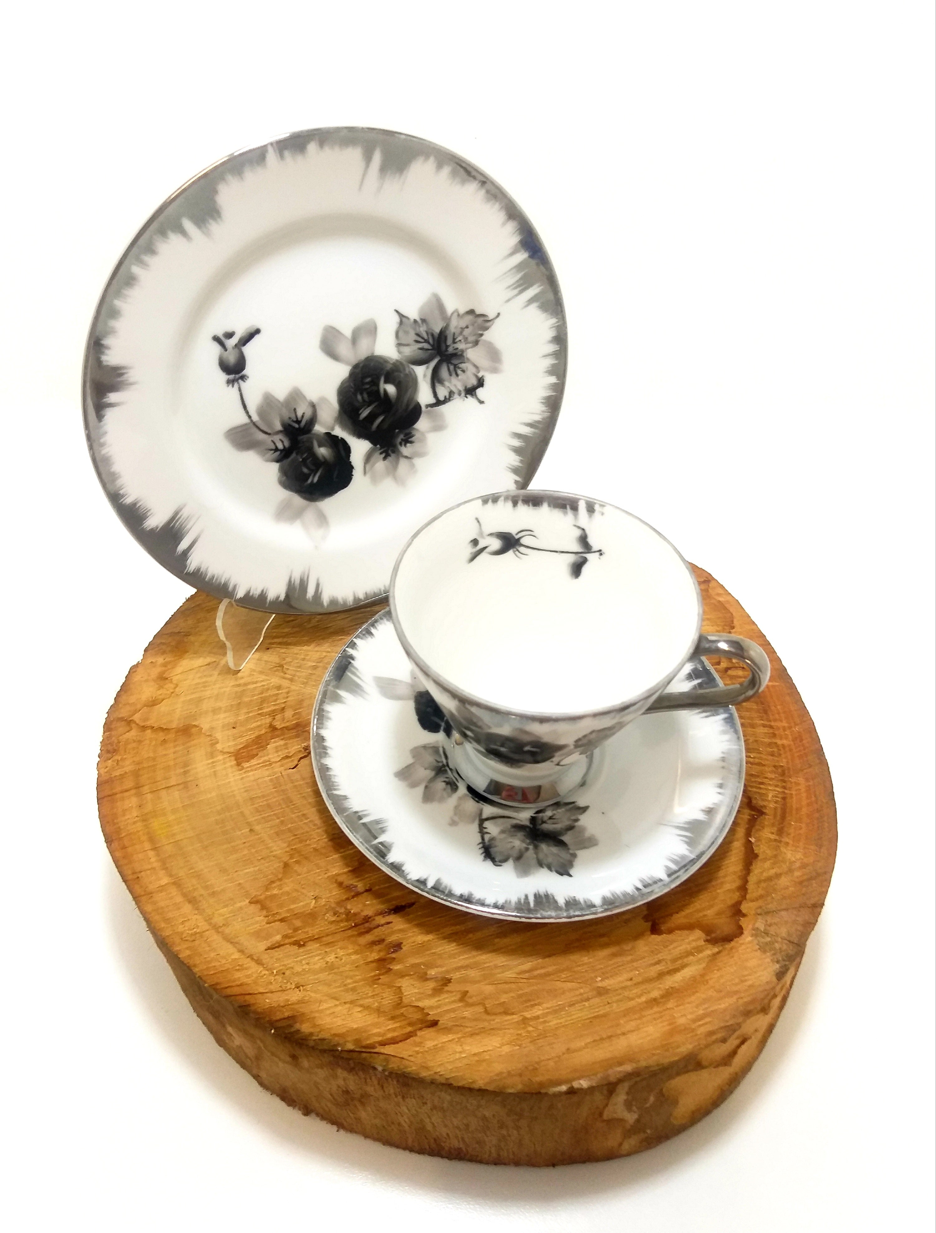 Shades Of Grey Unmarked Tea Trio – Cup, Saucer & Cake Plate