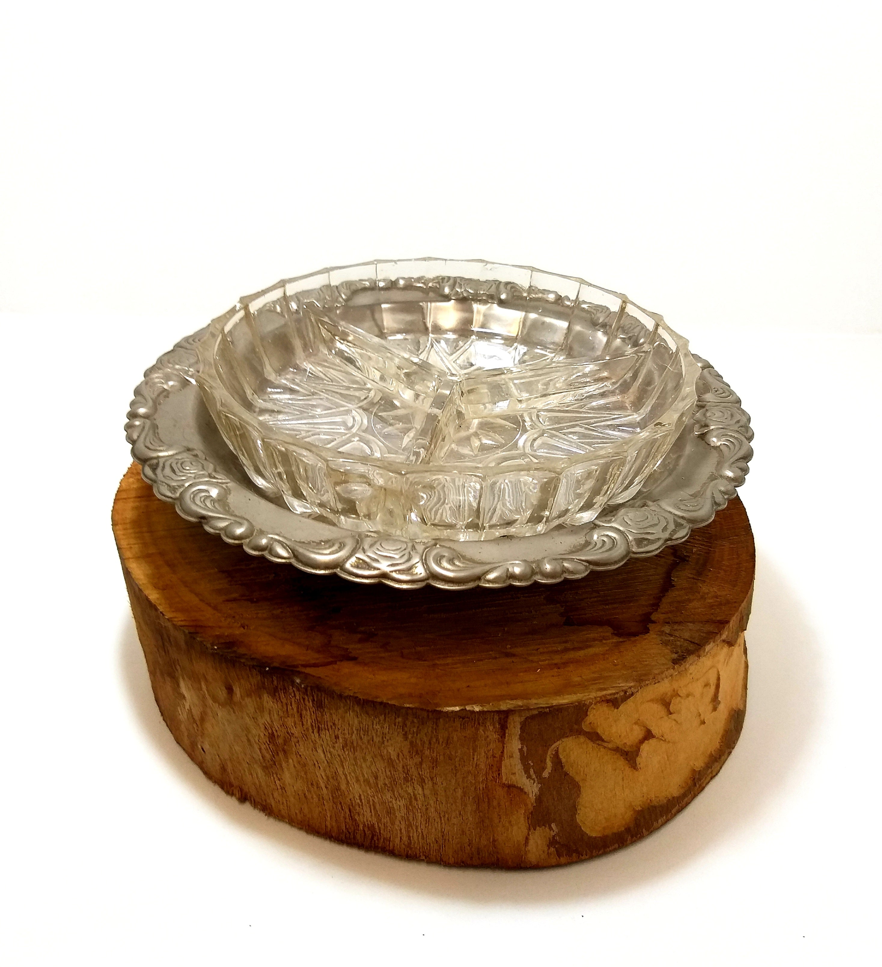 Vintage Silver Plated Pedestal Stand With Removable Clear Cut Glass Three-Division Bowl