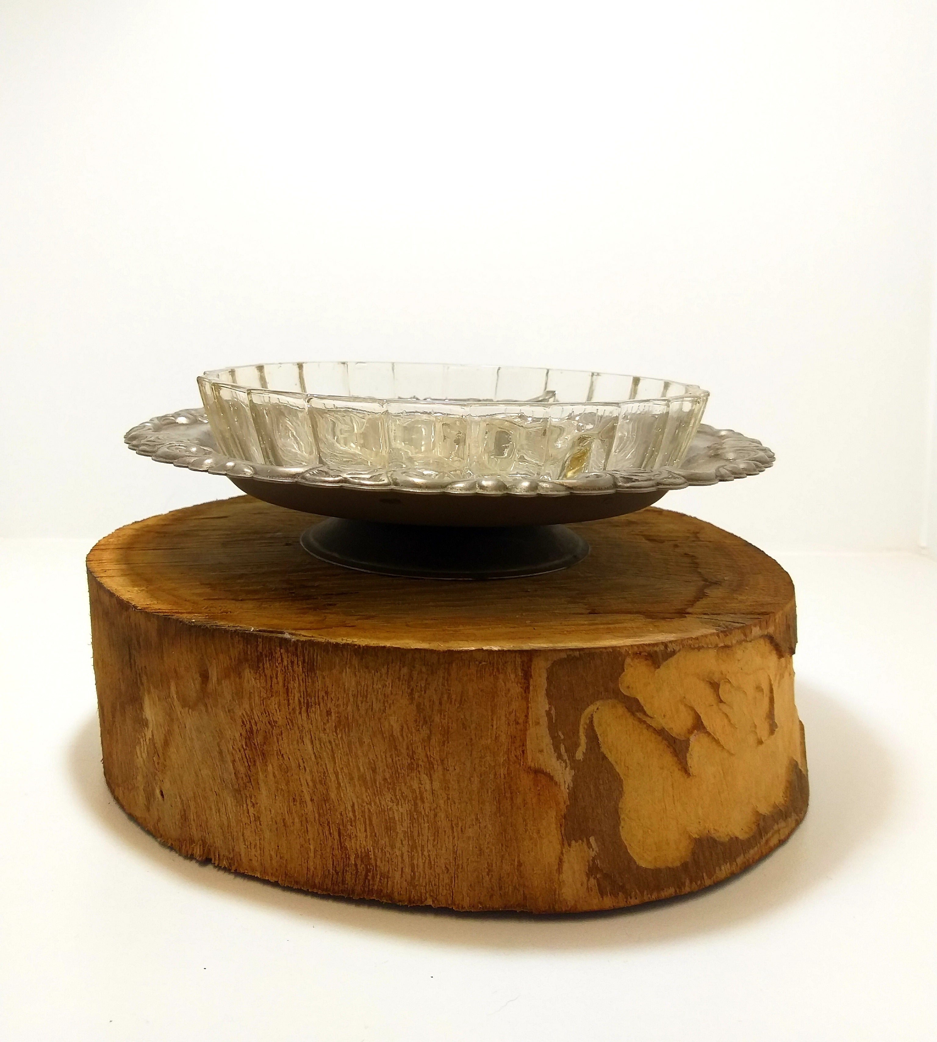 Vintage Silver Plated Pedestal Stand With Removable Clear Cut Glass Three-Division Bowl