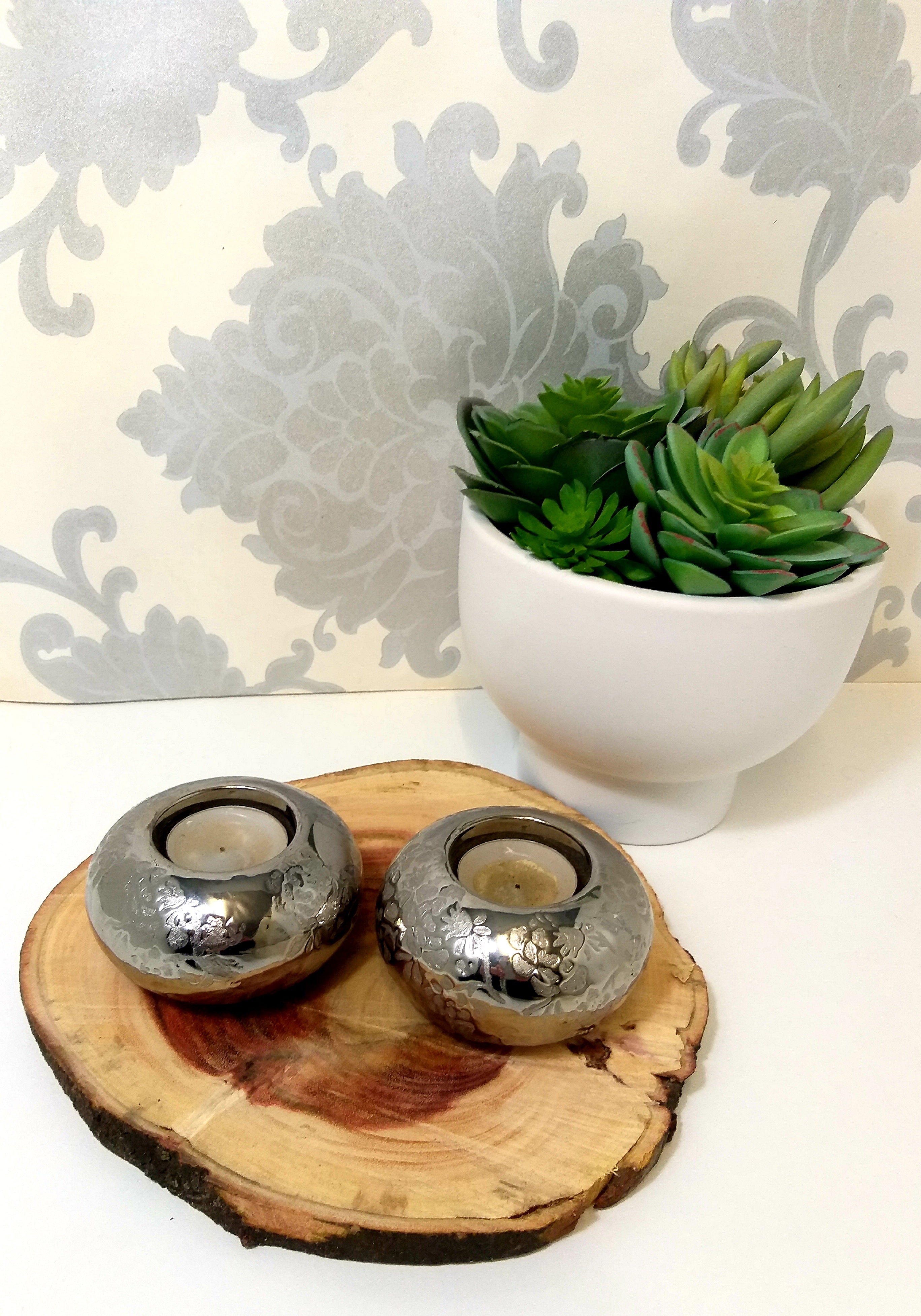 Beautiful Pair Of Silver Embossed Tealight Candle Holders