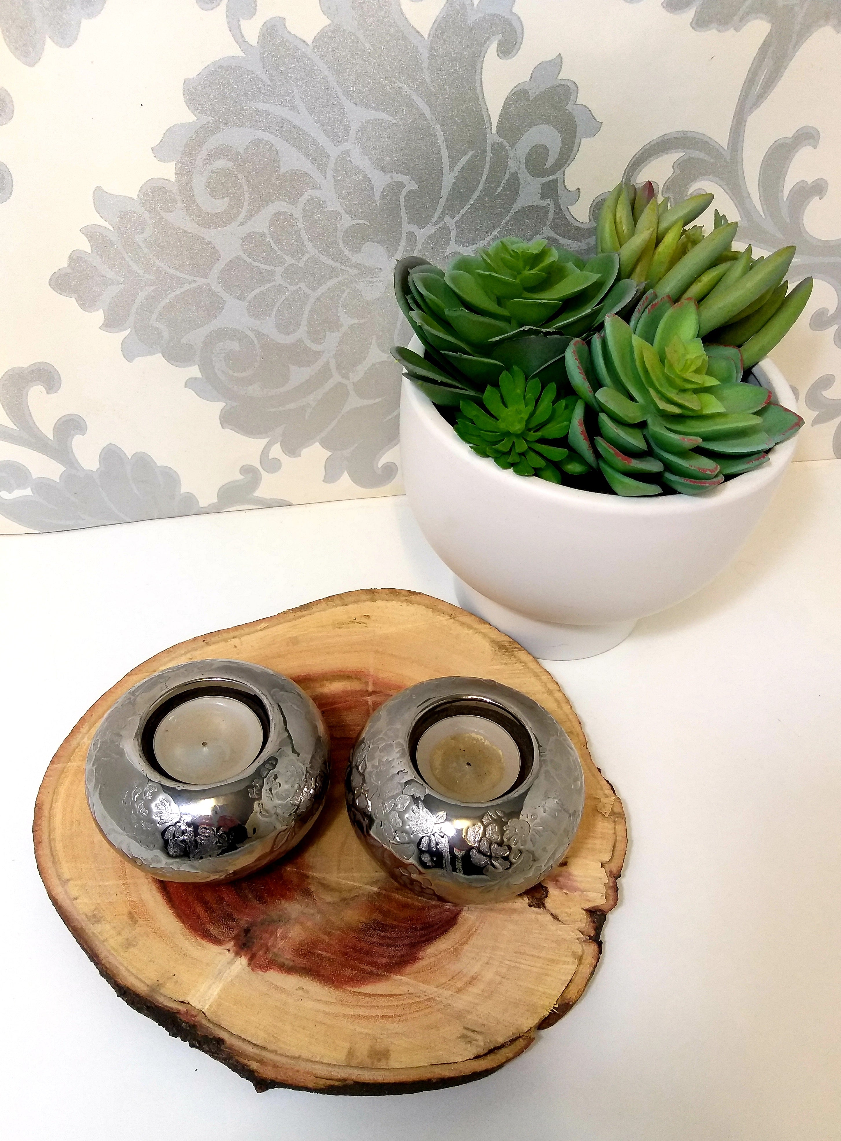 Beautiful Pair Of Silver Embossed Tealight Candle Holders