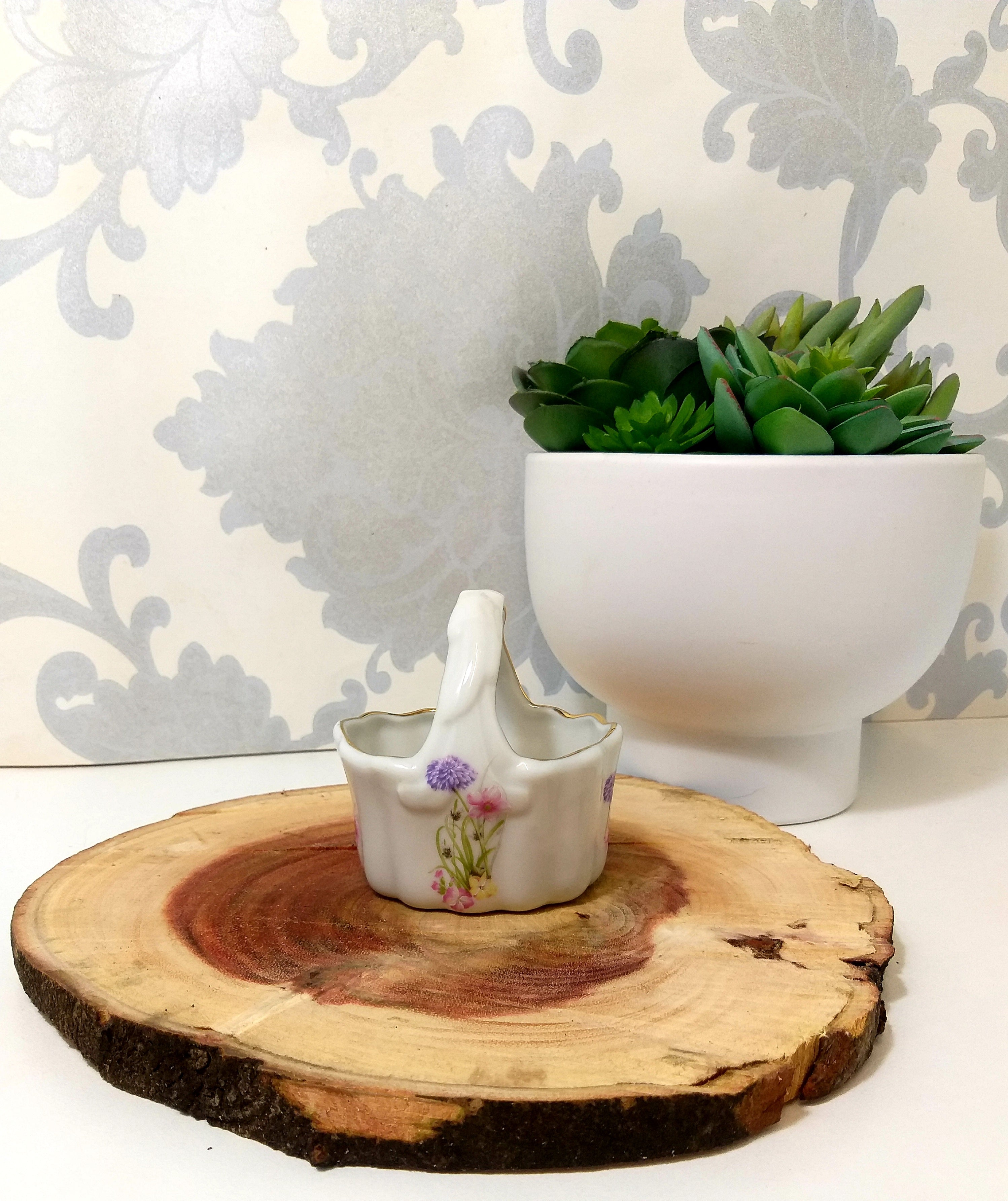 Dainty Porcelain Basket With Flower Decoration For Trinkets Or Teaspoons