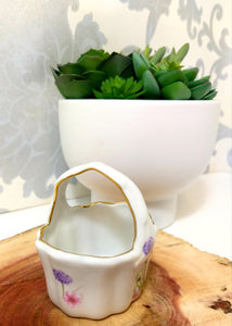 Dainty Porcelain Basket With Flower Decoration For Trinkets Or Teaspoons