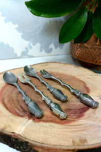 Beautiful Pewter Set Of 2 Teaspoons & 2 Cake Forks With Rosebud Handle