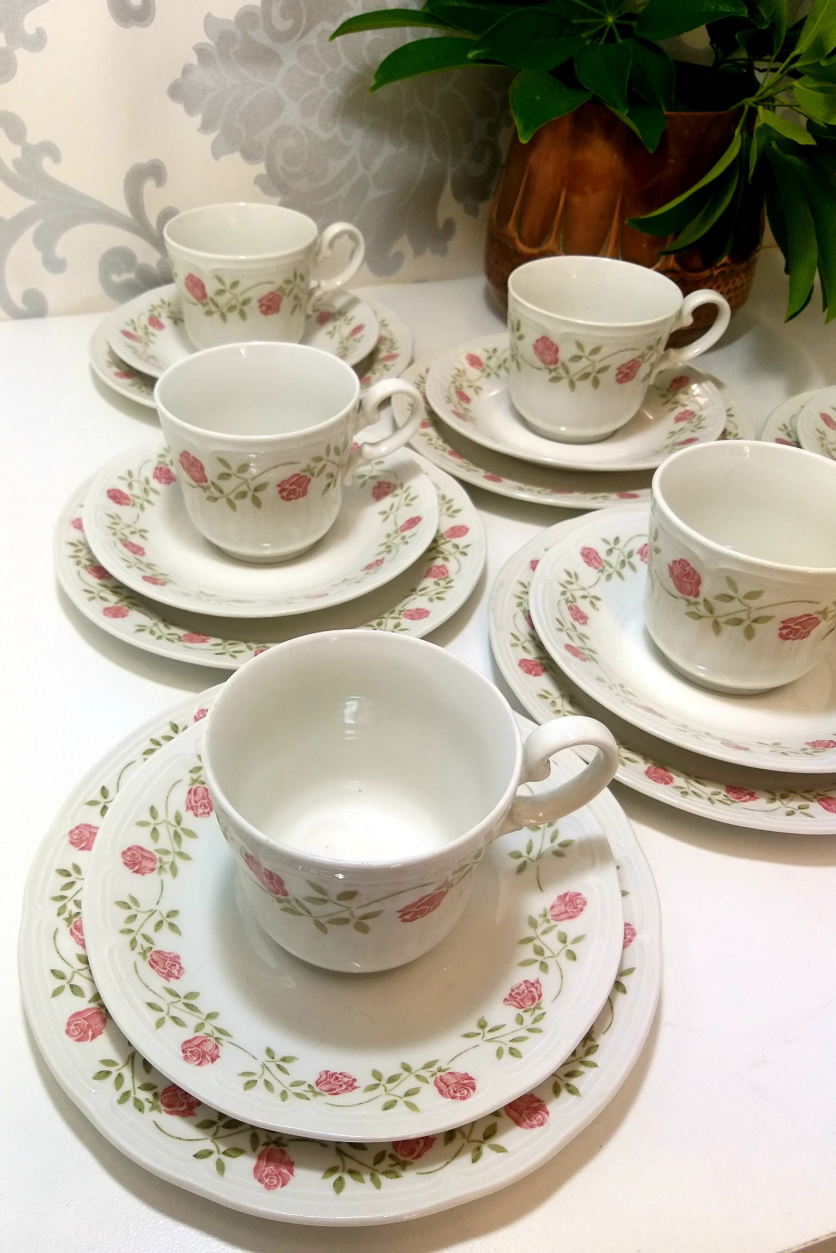 French Vintage Set Of 6 Complete Mary Lou Tea Trios – Cup, Saucer & Tea Plate