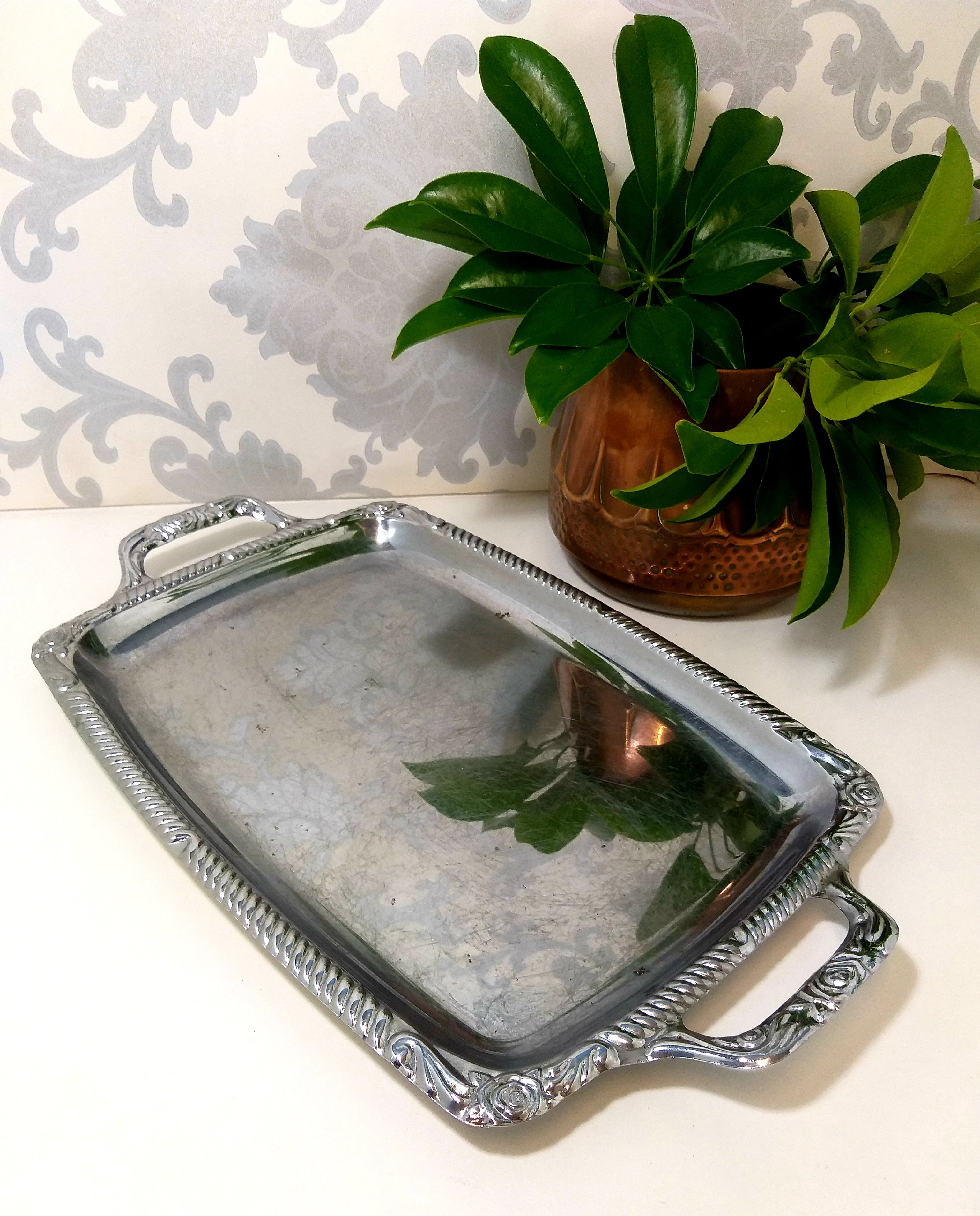 Rectangular Silver Plated Vintage Serving Tray With Handles & Repousse Craft Rim Patterning